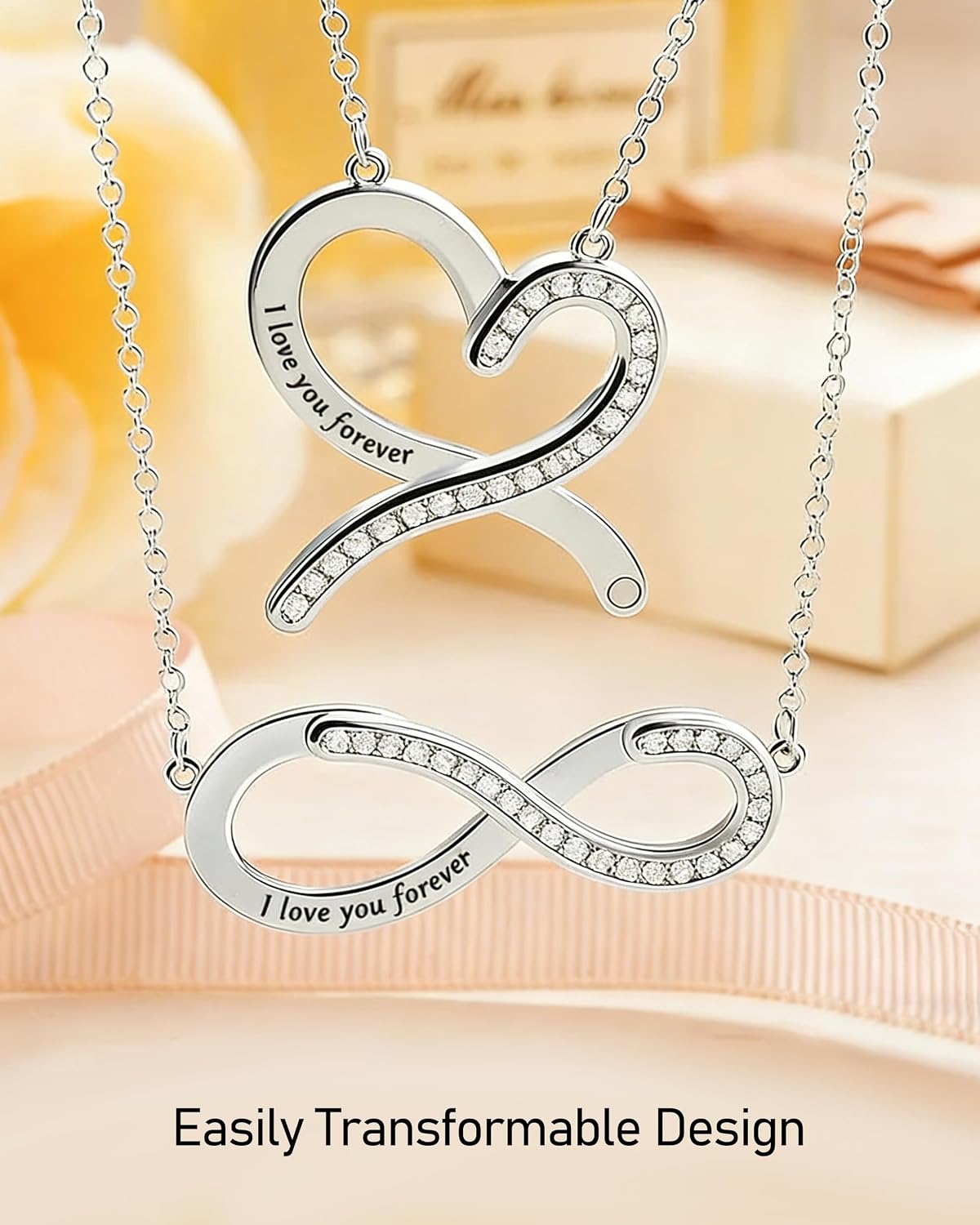 Mother Day Gift for Wife, 2-in-1 Heart Infinity Necklace, Silver Transformable Pendant with Message Card & Box, I Love You Forever Jewelry, Romantic Anniversary Birthday Gift