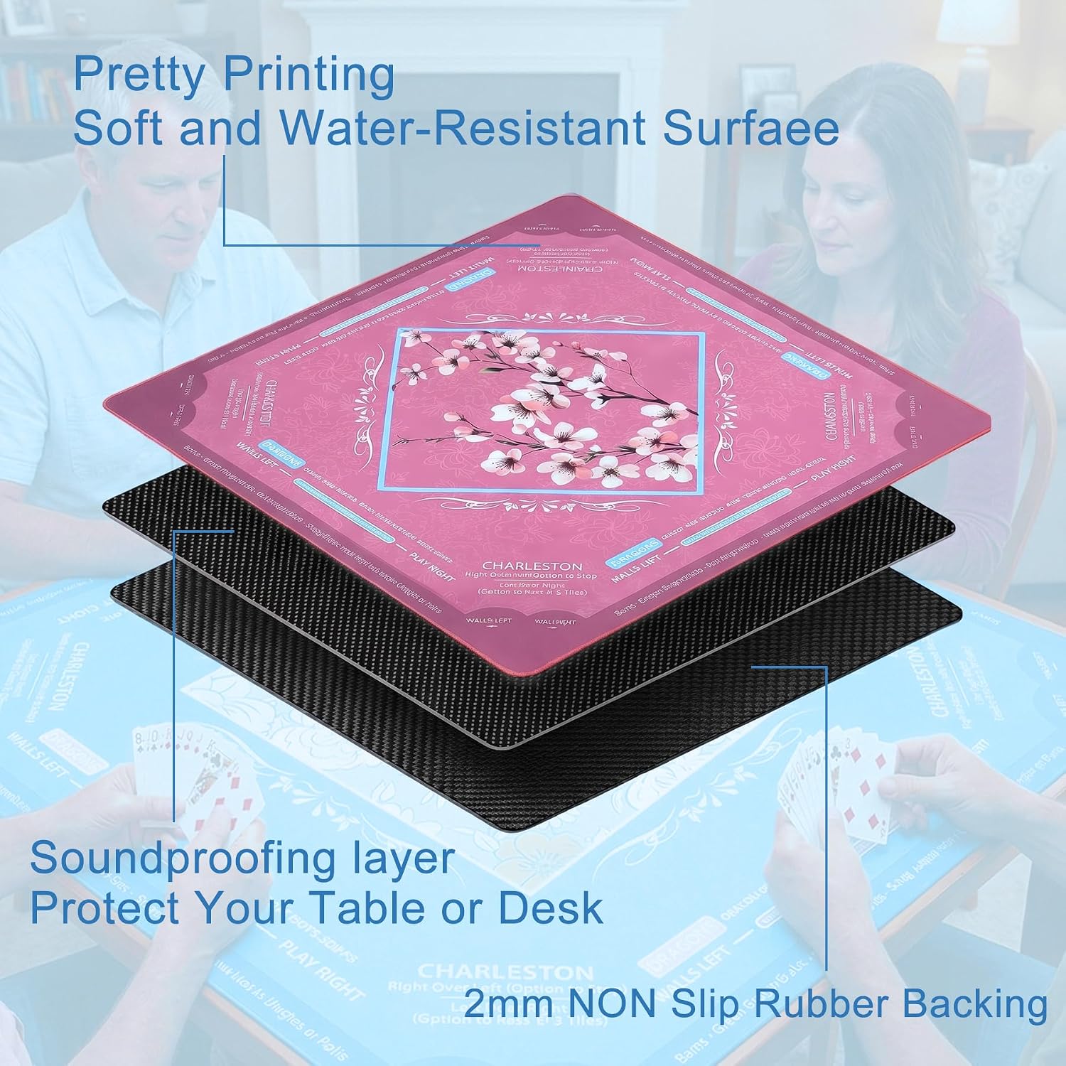 Pink American Mahjong Mat for Table 32.6x32.6 inch No Creases Rollup Packed with Velvet Bag Non Slip Mahjong Table Mat Noise Reduction Mahjong Mats with Rules (Pink Plum Blossom)
