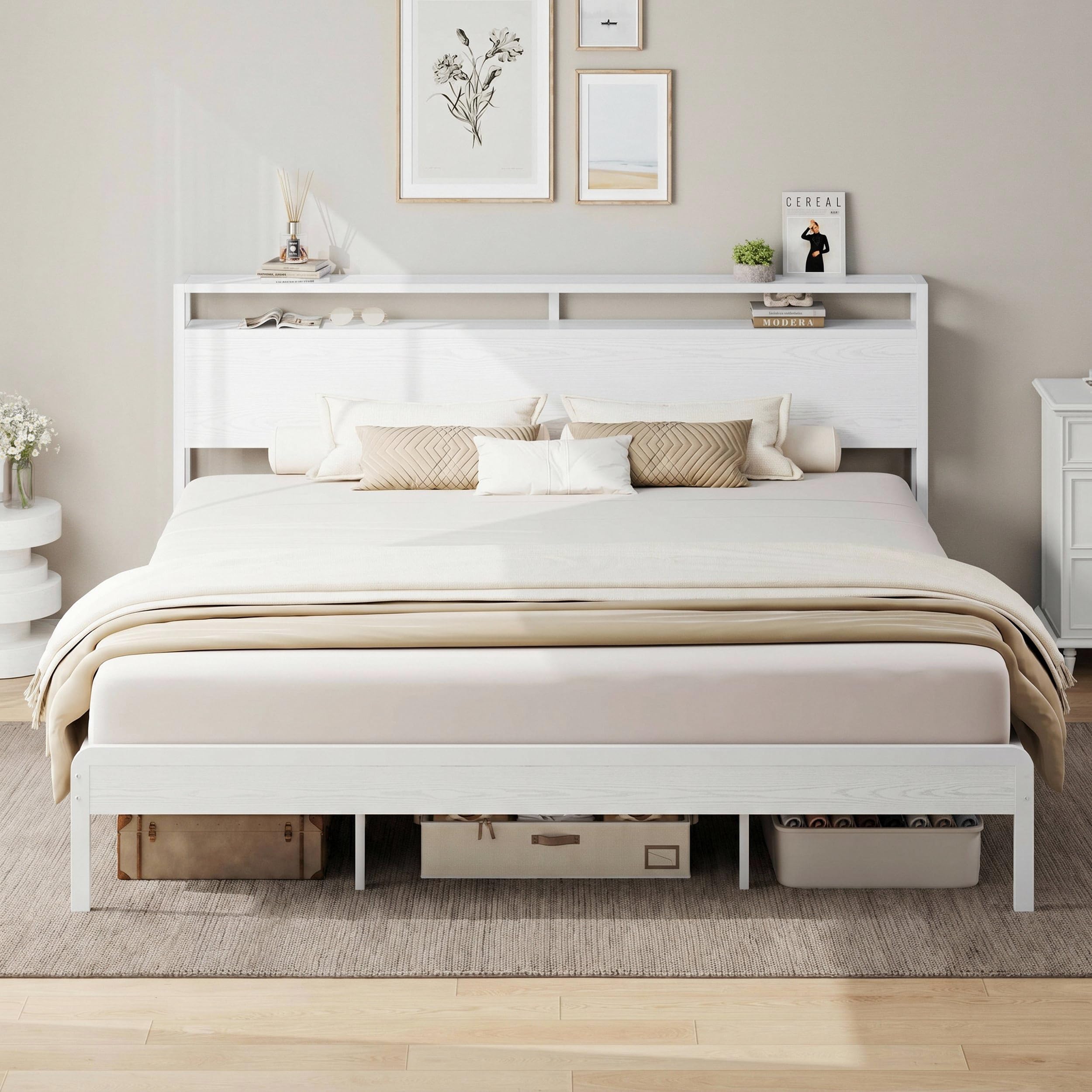 LIKIMIO King Size Bed Frame with 2-Tier Storage Shelf Headboard