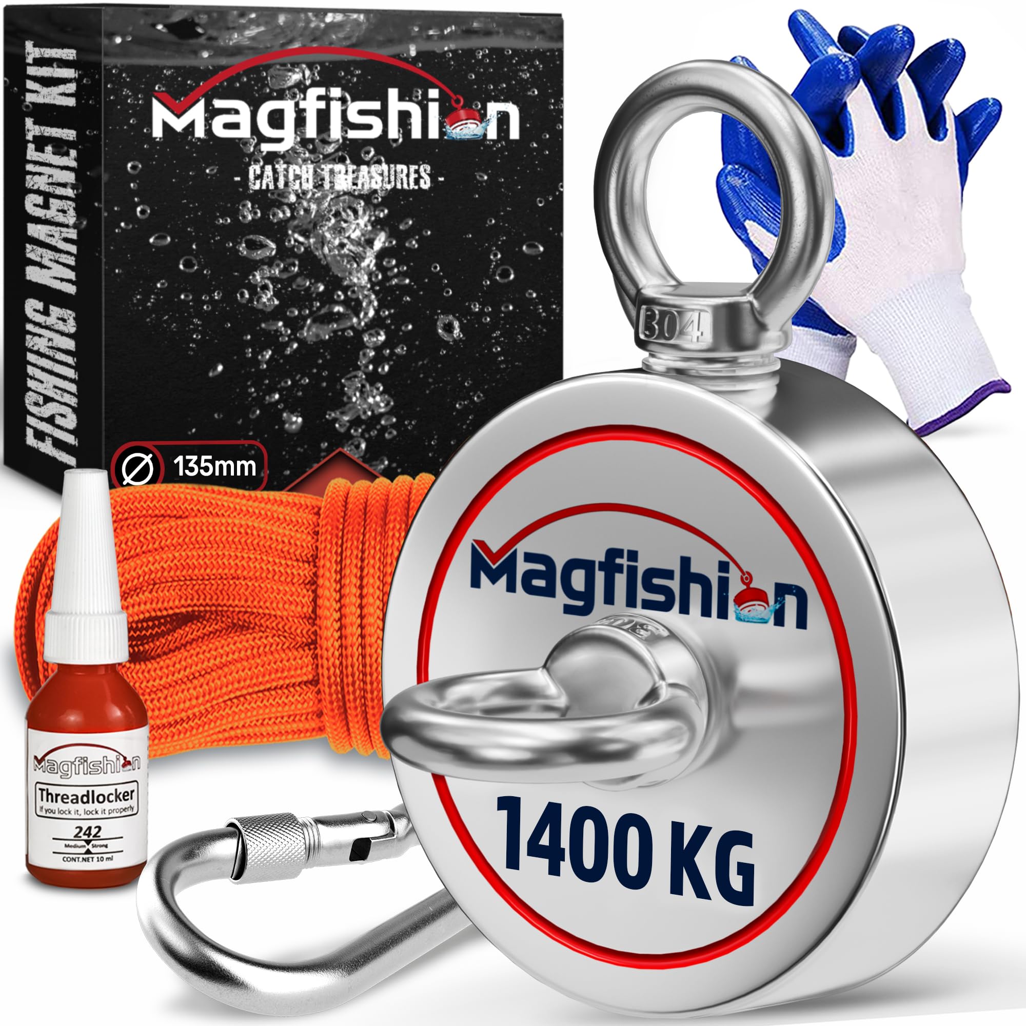 MAGFISHION Magnetfischen Set - 1400 KG (2 x 700kg) - Ø135mm - Neodym Magnet mit Seil (20M) & Handschuhe - Magnet Fischen Angel - Ösenmagnet - Fishing Magnetangel - Magnetangeln Set