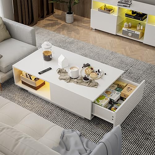 Miniatura 3 de IKIFLY Mesa de centro moderna blanca del LED con un cajón y luces LED de 16 colores, mesas de centro para la sala de estar