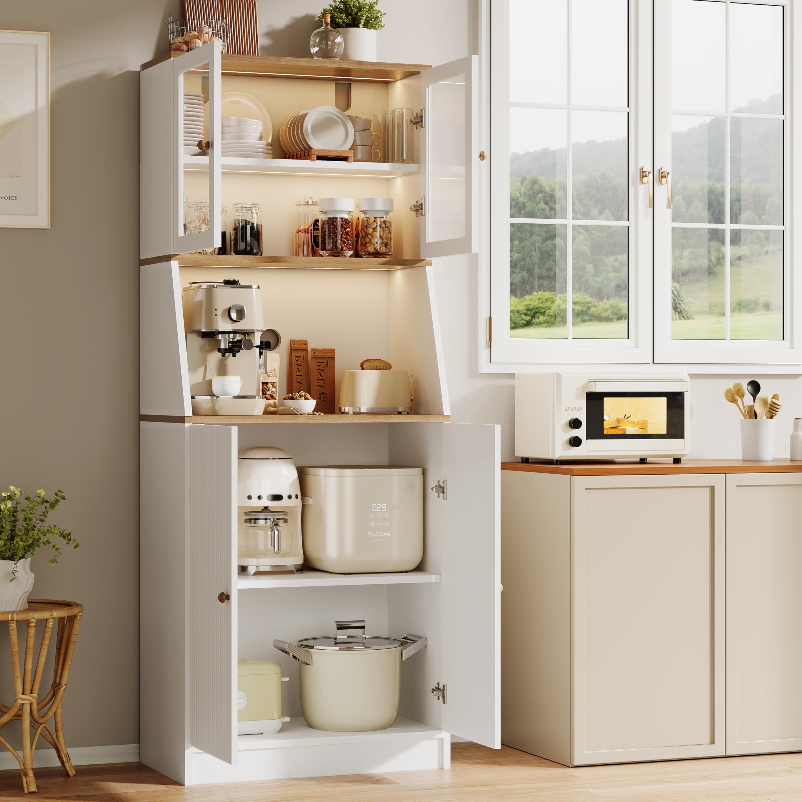 Aparador Alto de Cocina con LED, Armario de cocinaAlto con encimera, Armario de Cocina con estantes Ajustables y armarios gabinetes, aparadores Comedor, Vitrina para Comedor(Blanco)