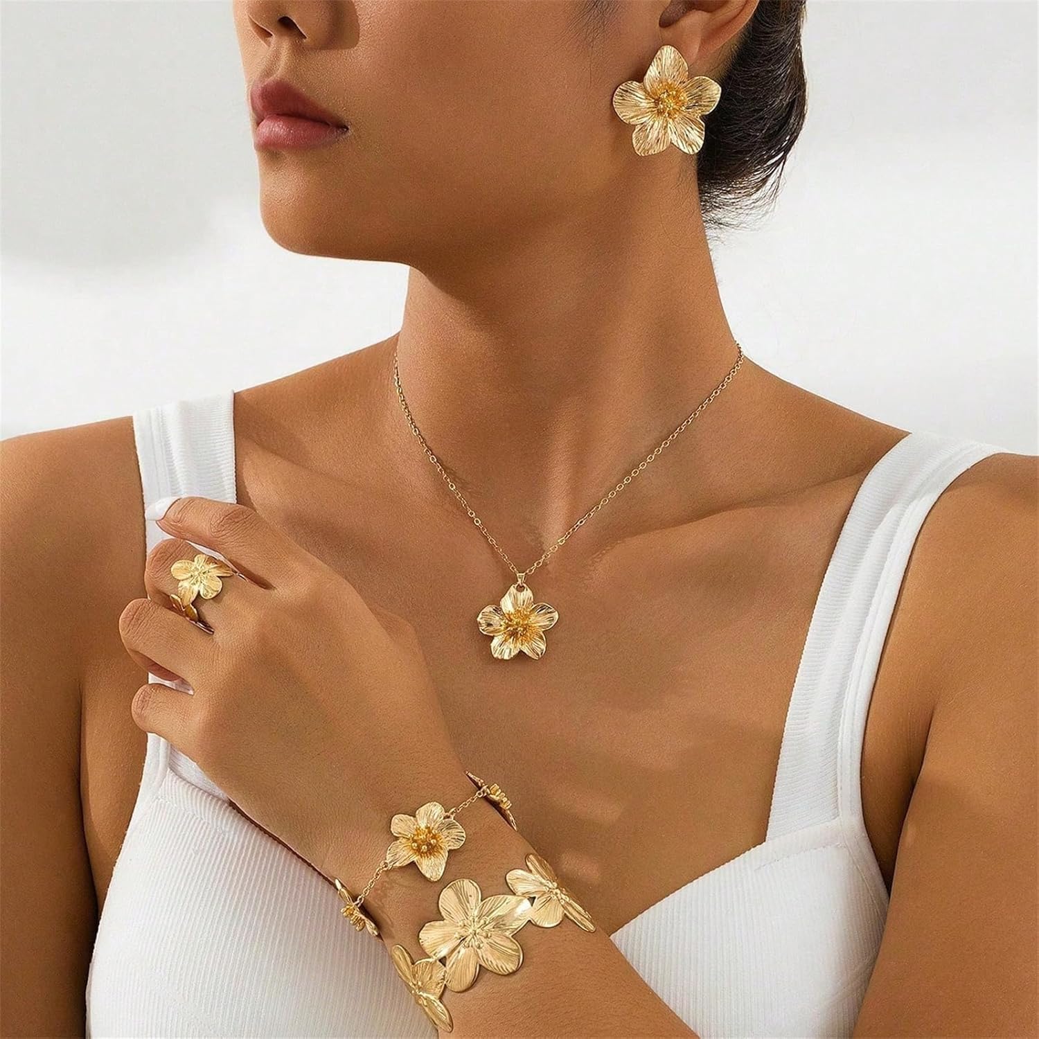 MALOYANVE Golden Flower Necklace Earring Ring Bracelet Set for Women Gold - Toned Floral Jewelry Set Elegant Flower - Shaped Accessories for Wedding, Daily Wear Party Holiday Gift - Image 2