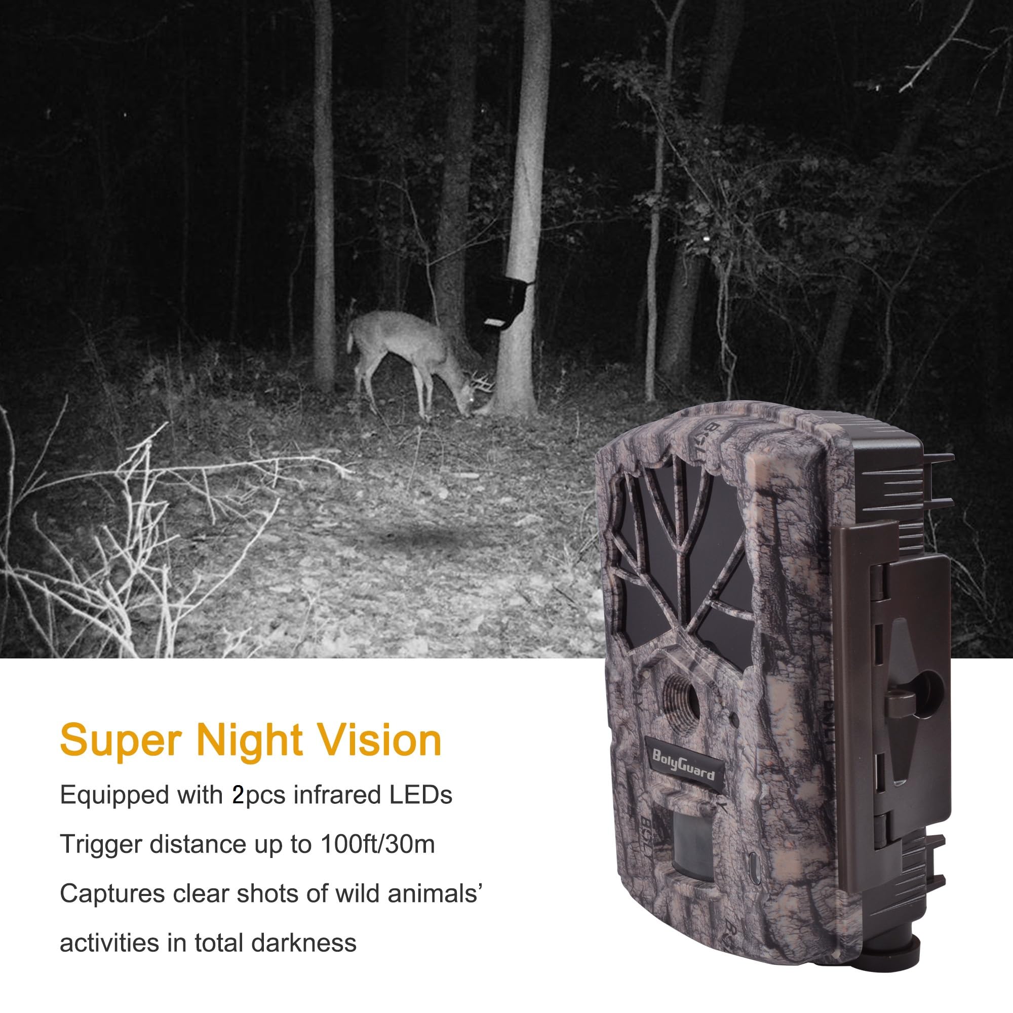 BolyGuard Caméra de Chasse et Moniteur 45MP 1080P 940 nm Noir IR No Glow Longue durée de Veille IP68 Caméra de Jeu Caméra de Trail Veille, Longue durée de Veille pour Observation de la Faune