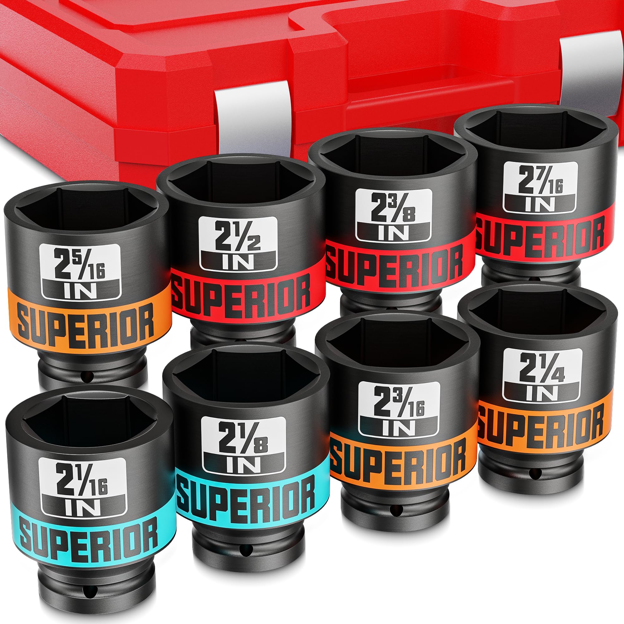 8-teiliges Steckschlüssel-Set, 3/4-Zoll-Antrieb, flache Schlag-Stecknüsse, 5,1-0,2 cm, 2-1/2-Zoll-Achsmutter-Stecknüsse, SAE, CR-MO, 6-Punkt, Werkzeuge zum Entfernen mechanischer Muttern, große