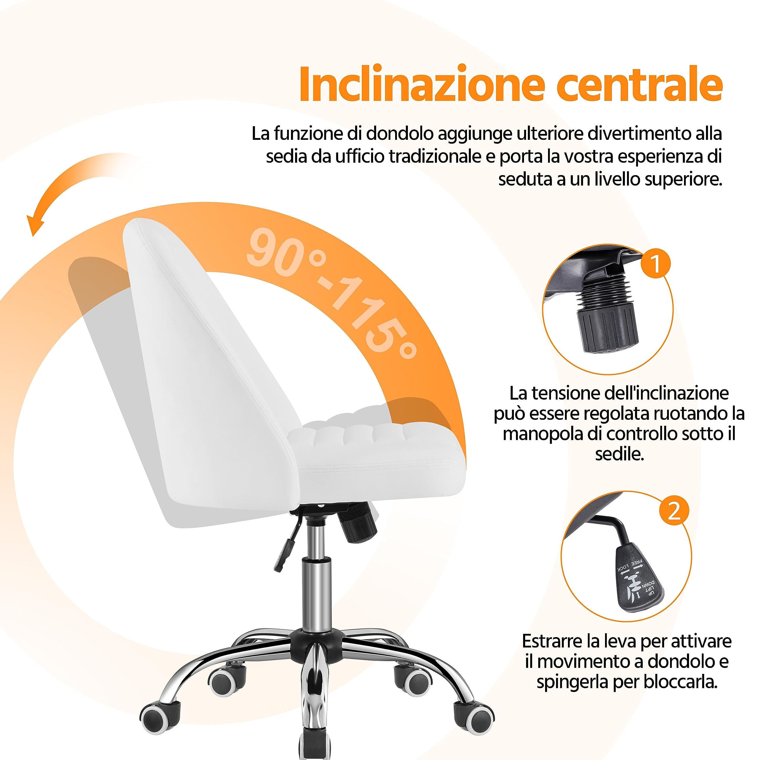 Yaheetech Sedia Ufficio Scrivania Cameretta Bianca Senza Braccioli Ergonomica Reclinabile Imbottita in Finta Pelle con Rotelle Girevole Altezza Regolabile Portata 136 kg