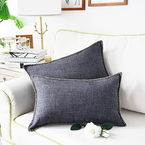 Miniatura 4 de CaliTime Juego de 2 fundas de almohada de algodón con bordes cosidos de hilo de algodón, 2 tonos, de lino rústico, para sofá, decoración del hogar,