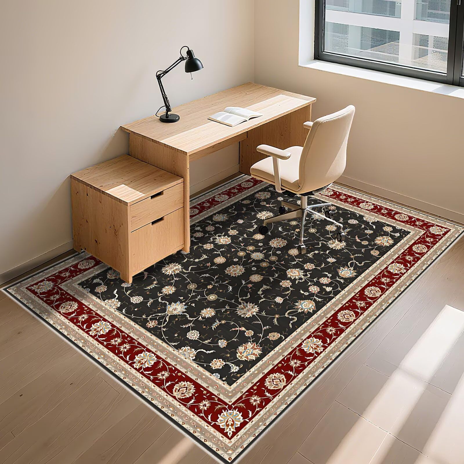 Anti Rutsch Teppich Bettvorleger Schwarz 190x270cm, Weicher Großer Rote Retro Blumen Muster für Büro Korridor