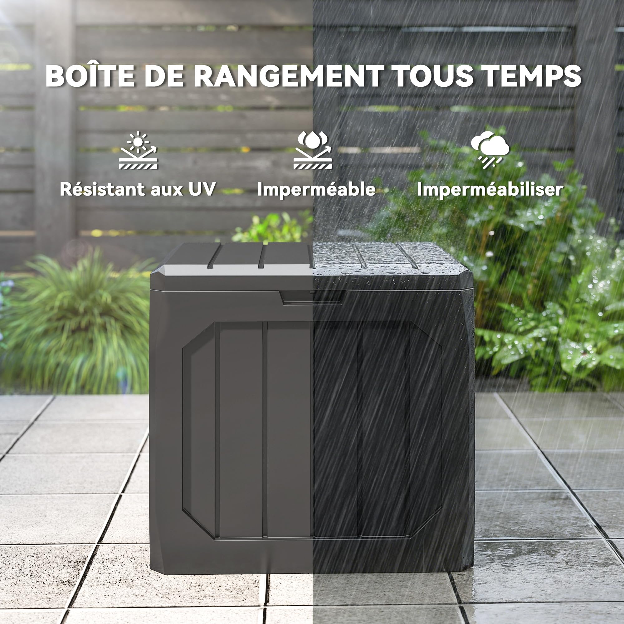 Outsunny Coffre de rangement exterieur 121L avec Poignées 56x45x53 cm Noir | Coffre de Jardin, Conteneur Étanche, Malle de Rangement en PP, Extérieur Intérieur Jardin Terrasse
