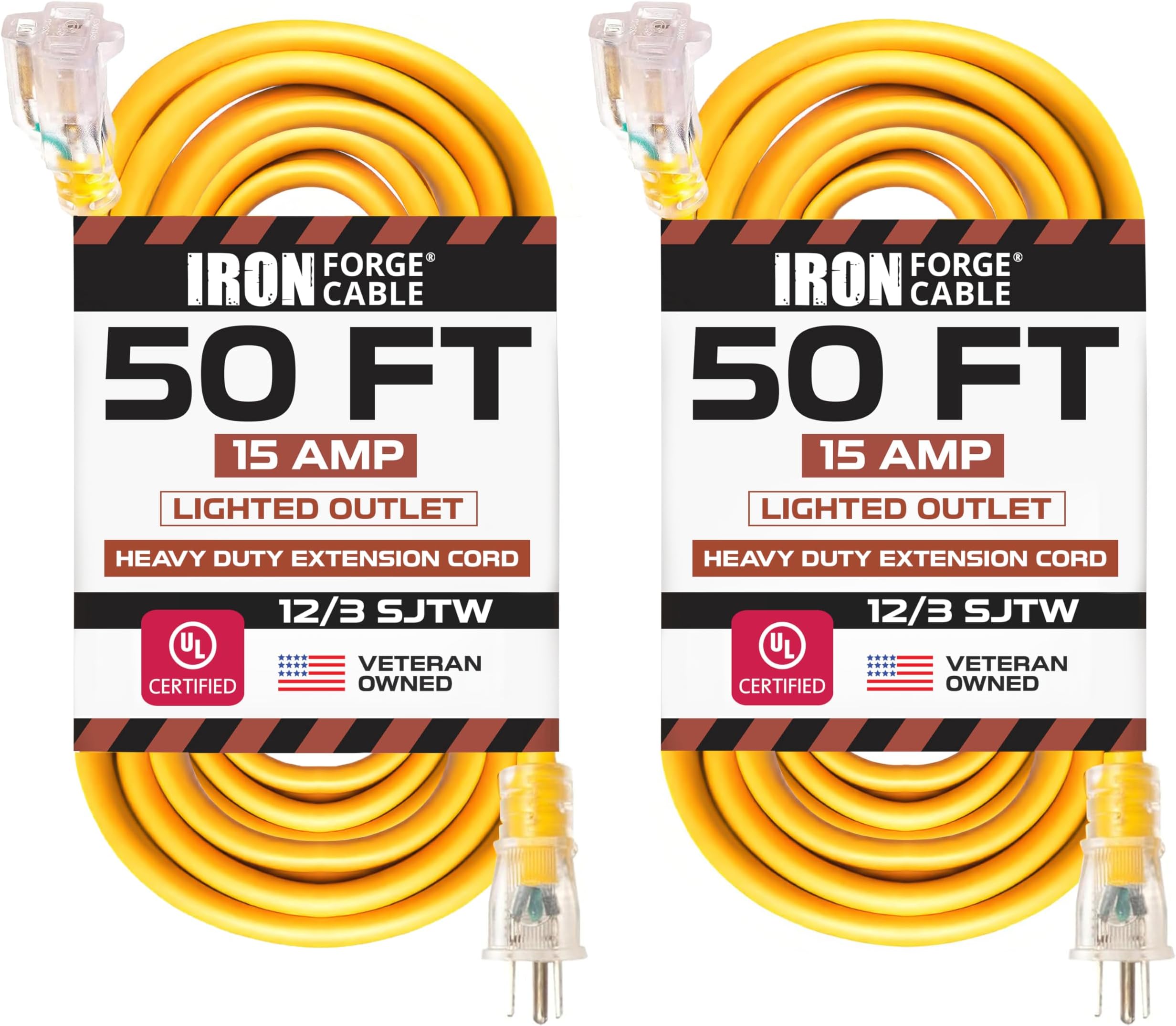 IRON FORGE CABLE 2 Pack of 50 Ft Outdoor Extension Cords - 12/3 SJTW Heavy Duty Yellow 3 Prong Extension Cable, 15 AMP - Great for Garden and Major Appliances