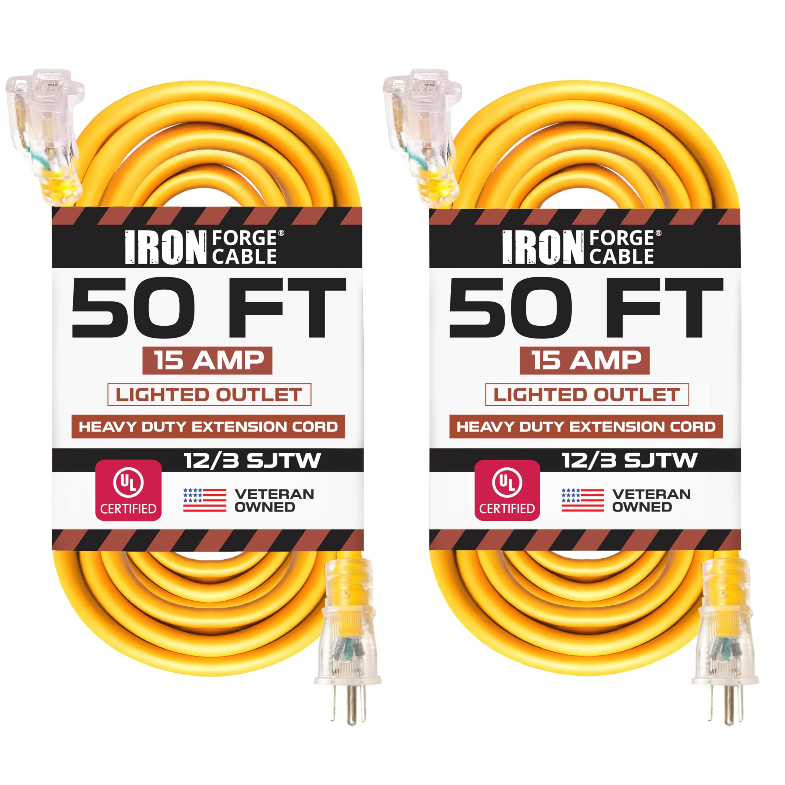 IRON FORGE CABLE 2 Pack of 50 Ft Outdoor Extension Cords - 12/3 SJTW Heavy Duty Yellow 3 Prong Extension Cable, 15 AMP - Great for Garden and Major Appliances