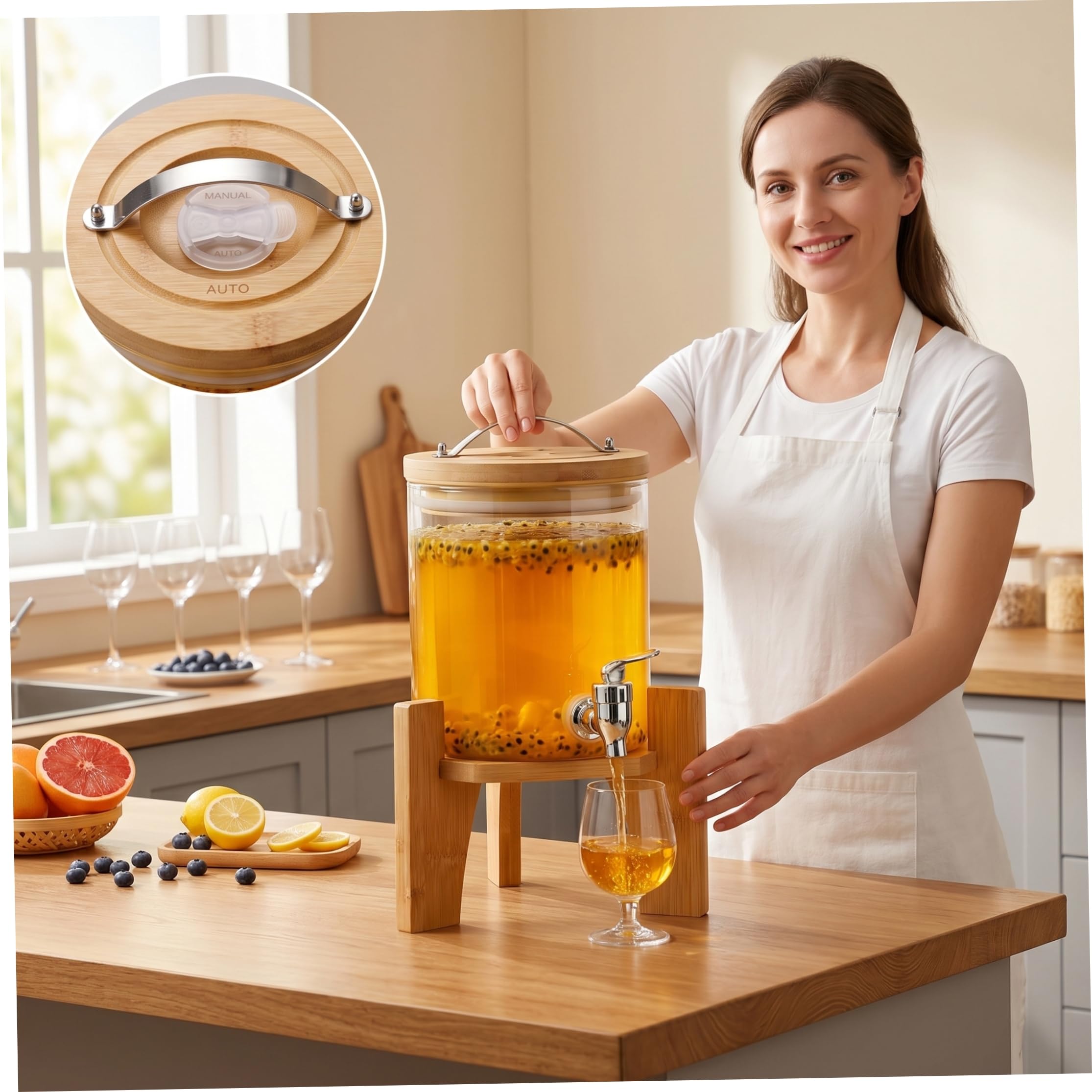 Getränkespender mit Ständer, 1, 5 l Glas-Getränkespender mit Bambusständer und Zapfhahn zum Selbstbrauen von Säften, Eisgetränken. Eisgetränkespender aus Glas
