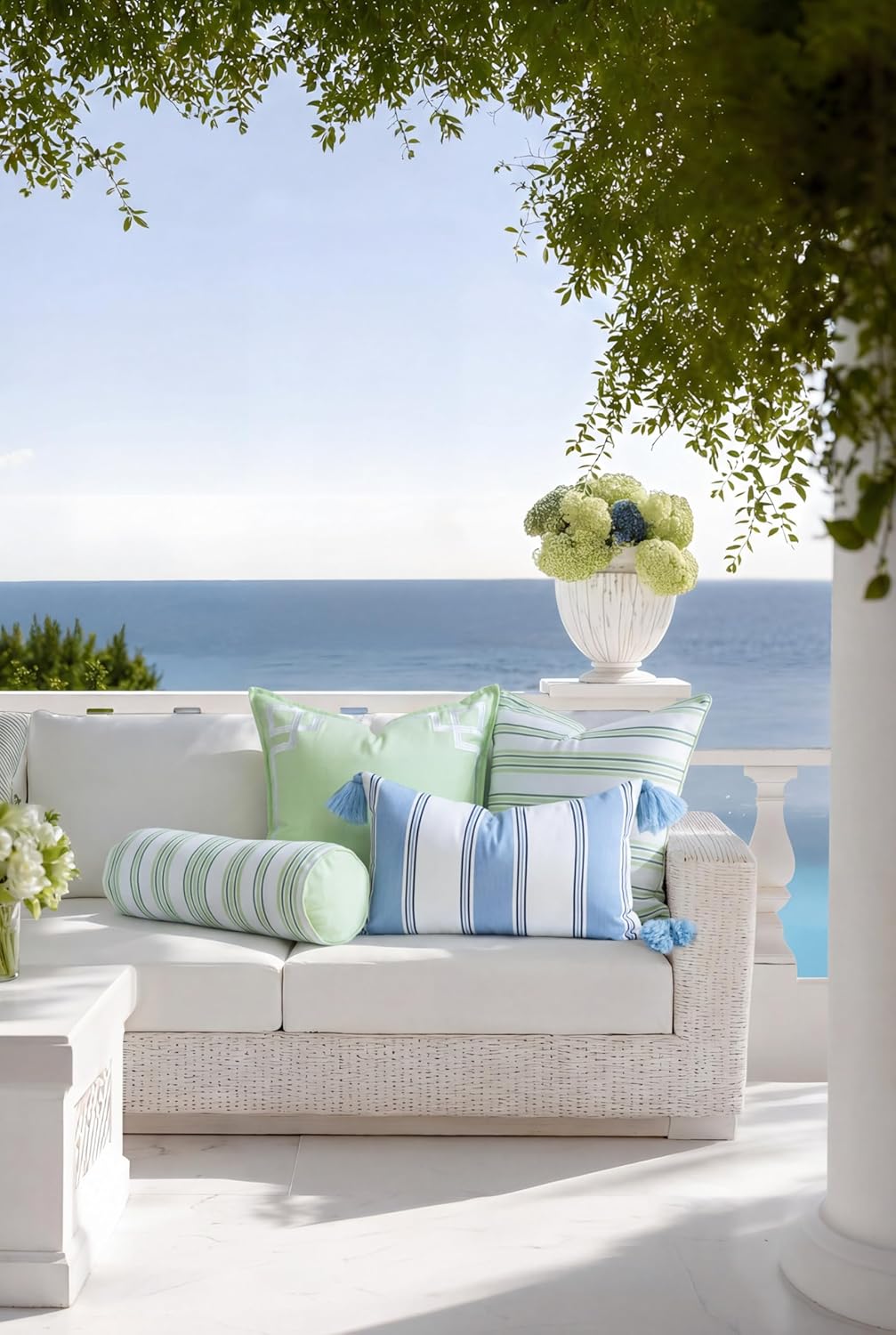 Hofdeco Premium Coastal Hampton Outdoor Performance Lumbar Pillow Cover Only, 12"x20" Water Repellent, UV and Fade Resistant for Backyard, Couch, Poolside, Azure Blue Indigo Woven Harbor Stripes