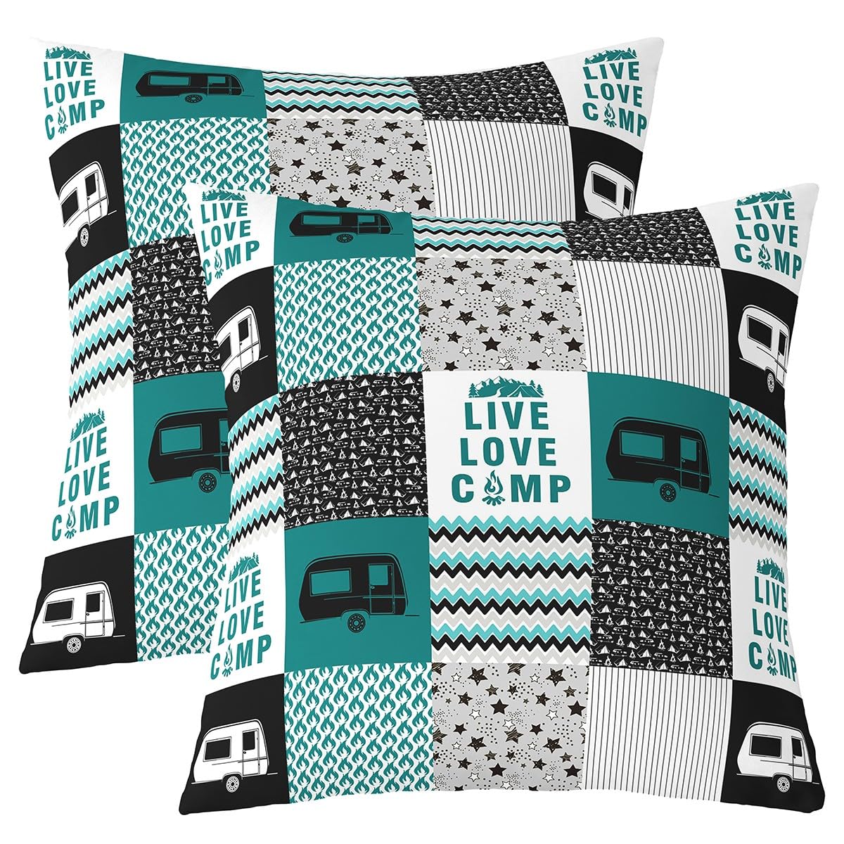 Camper Throw Pillow Covers 16"x16" Set of 2 Soft Happy Camping Pillow Cases Cushion Covers for Living Room Bedroom RV Camping Camper Cartoon Camping
