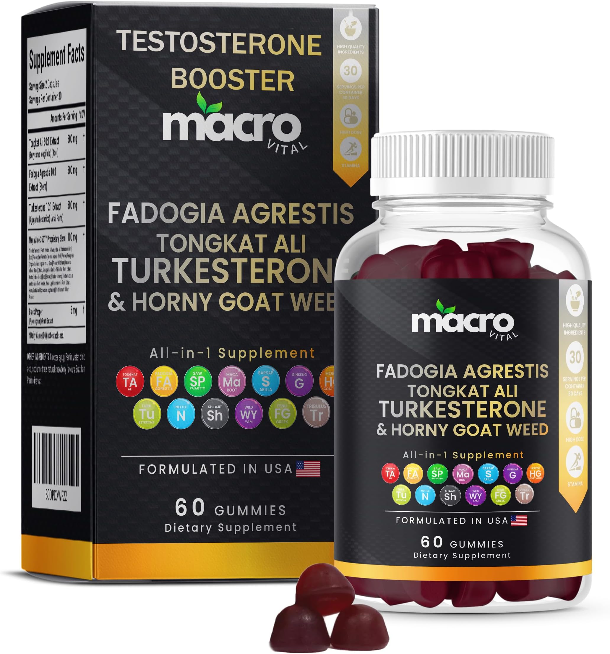 Testosterone Booster Supplement for Men Gummies [Fast-Max Absorption],10x Strength Masculinity Boost, Turkesterone, Tongkat Ali, Horny Goat Weed, Maca Root, Tribulus,Testo Gummies 60Ct