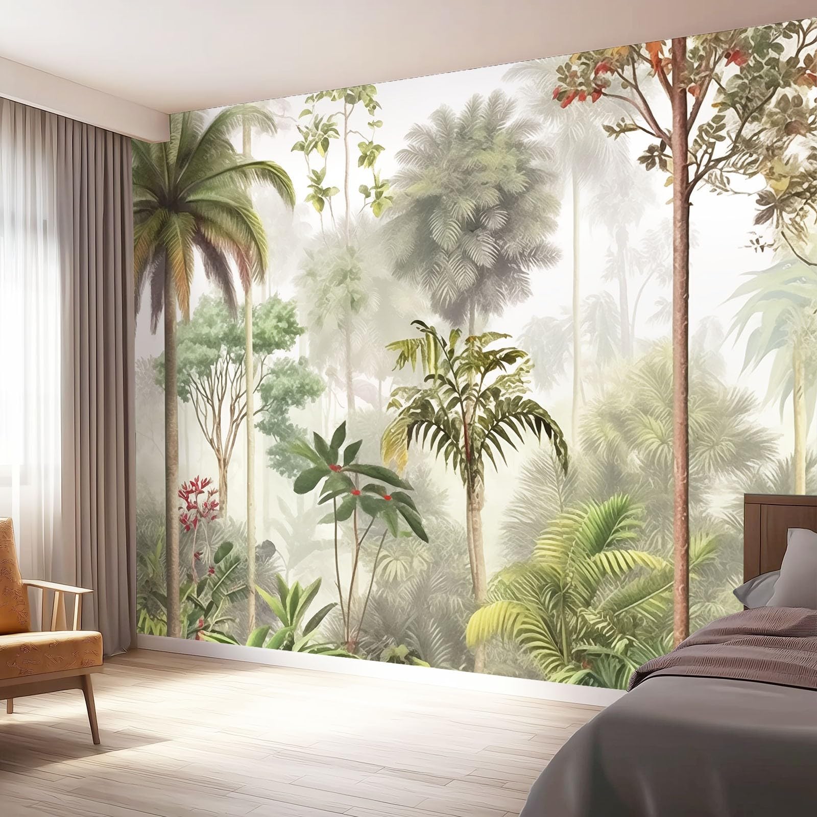 Tapeta z motywem 250 x 175 cm, wzór dżungli z motywem zielonych roślin, wodoszczelna dekoracja ścienna do pokoju młodzieżowego i kącika do gier, zielona