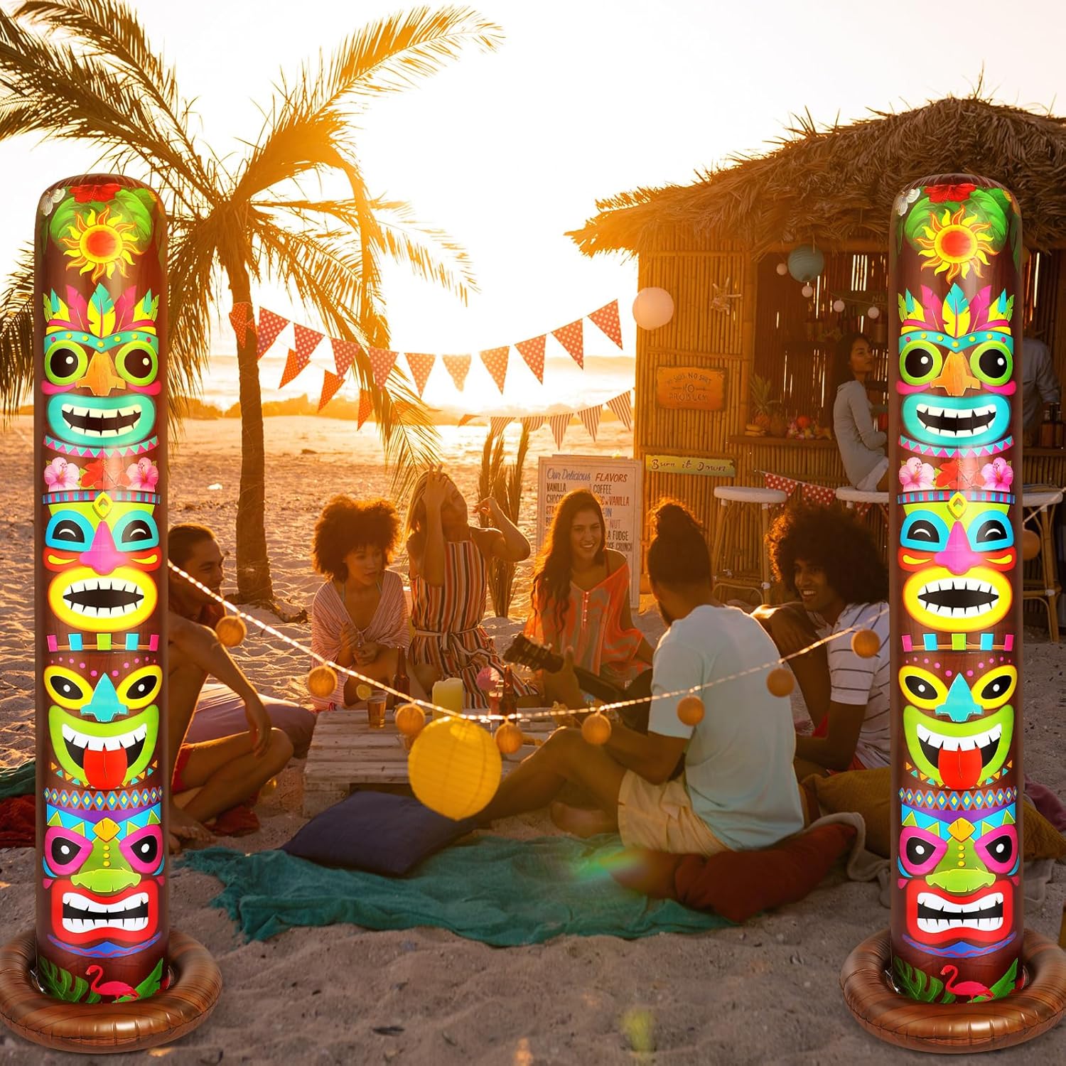 Leyndo 6 ft Inflatable Tiki Luau Party Decorations Hawaiian Luau Tropical Inflatables Tiki Decor with Storage Bag Blow up Party Beach Supplies for Hawaiian Bar Summer Pool Decor(Brown,2 Pack)