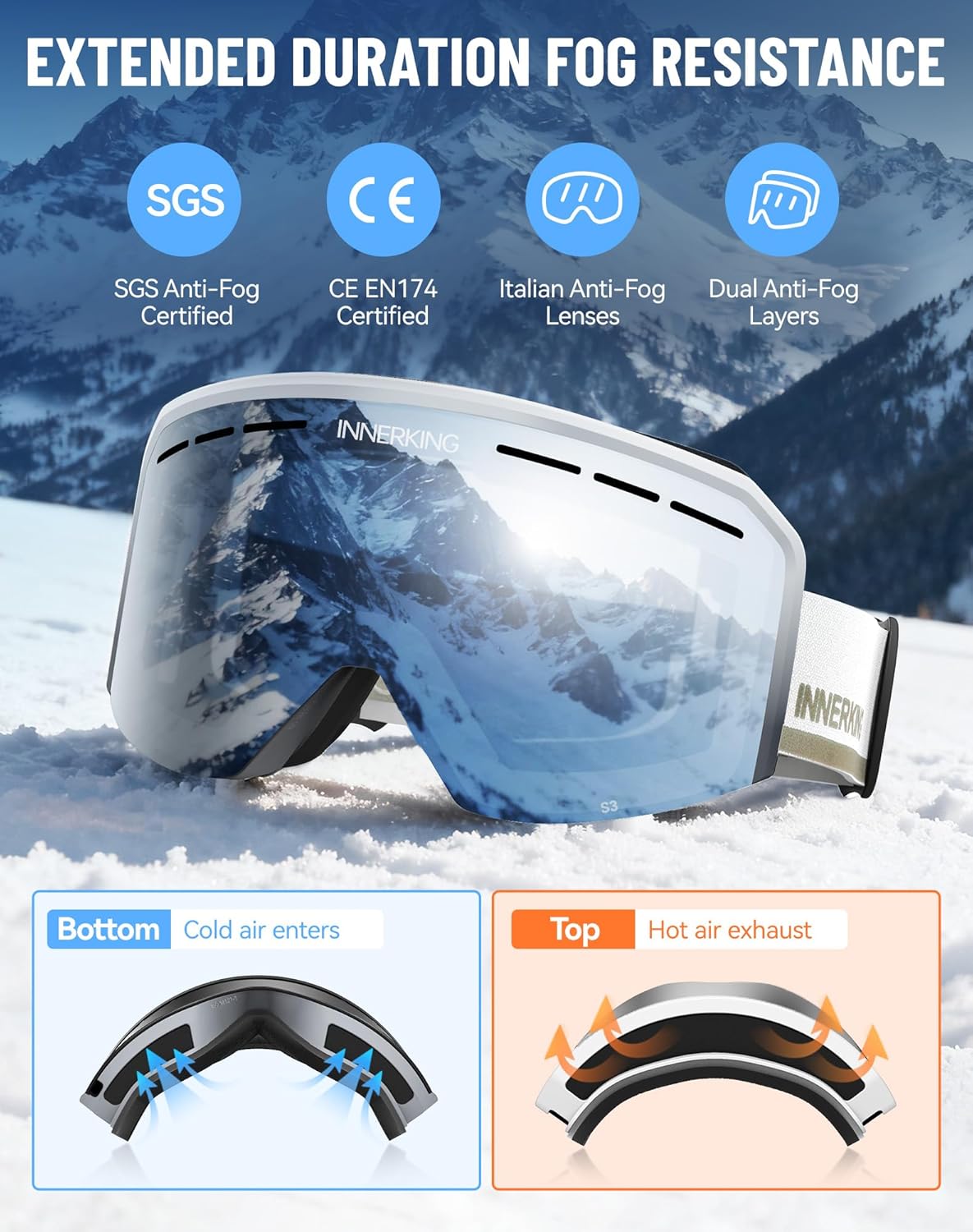 Innerking Ski/Snowboard Goggles OTG for Men Women & Youth - Over Glasses Snow Sports Goggles Anti Fog 100% UV400 Protection - Image 2