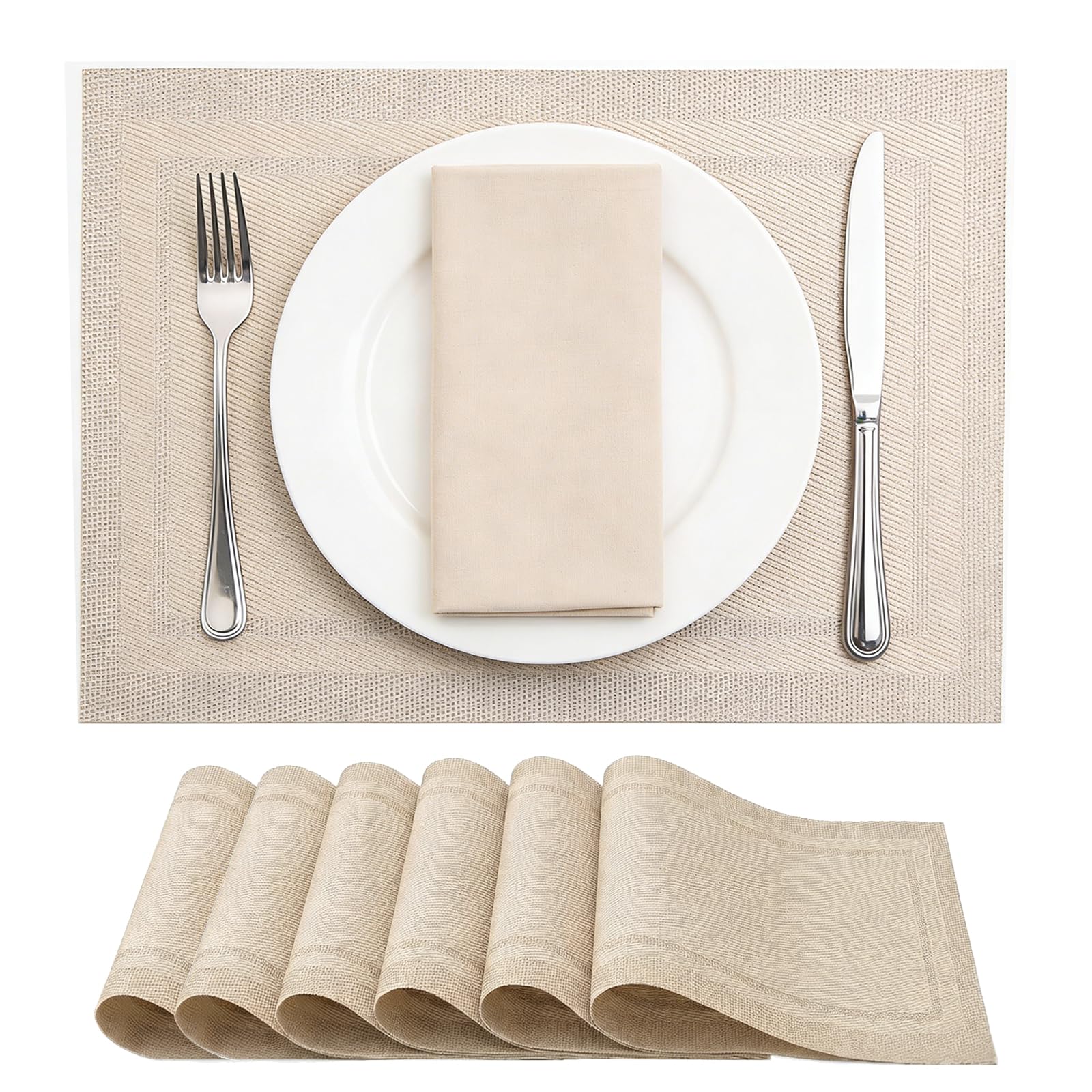 Placemats Set of 6, 30 x 45 cm PVC Table Mats, Heat Resistant Placemat Square Non-slip Heat Resistant Dining Table Mats for Home Holiday Party Dining Table(Beige)