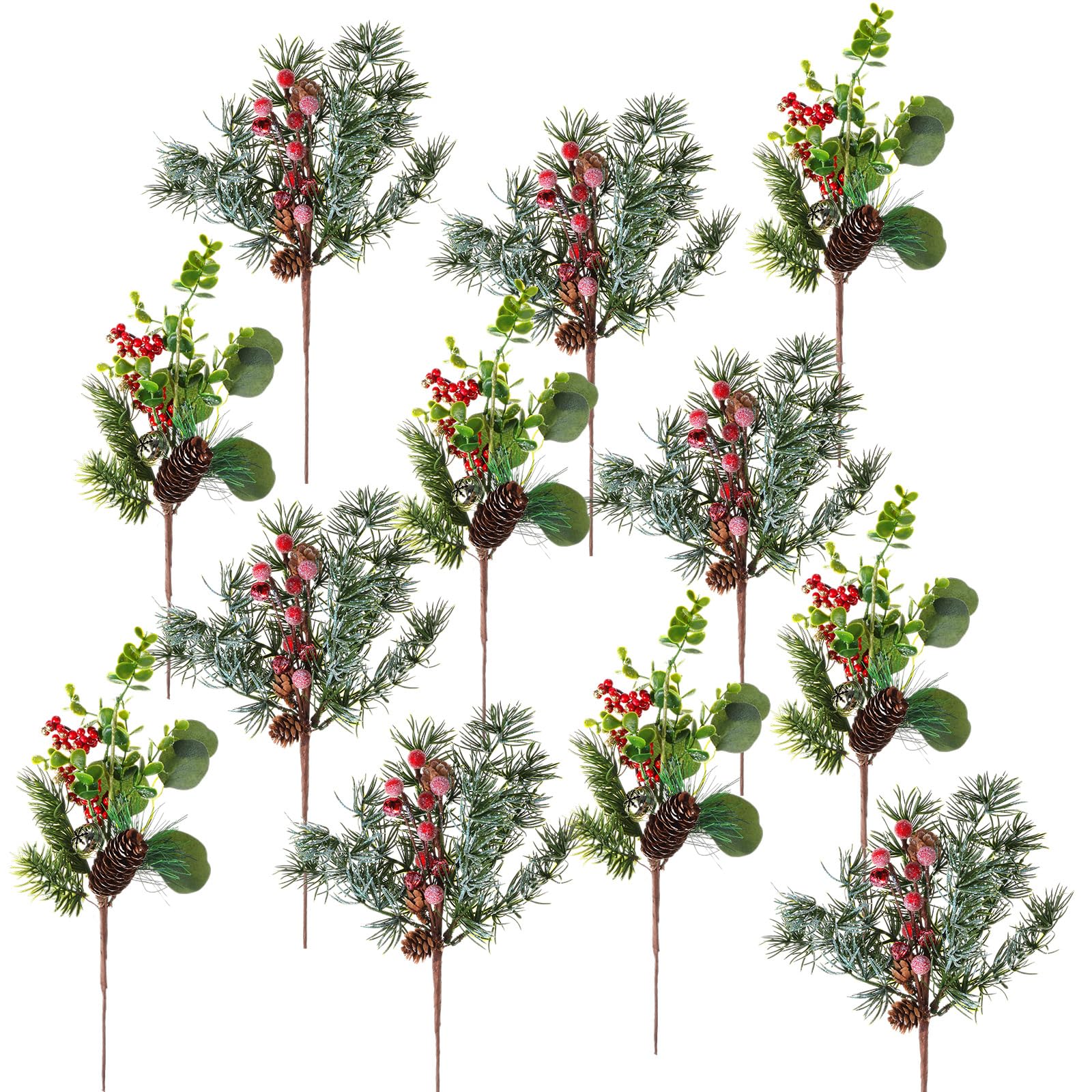 Syhood Lot de 12 pics de Noël artificiels de 30,5 cm avec branches de baies, houx, pommes de pin pour travaux manuels de Noël, décoration de vacances d'hiver
