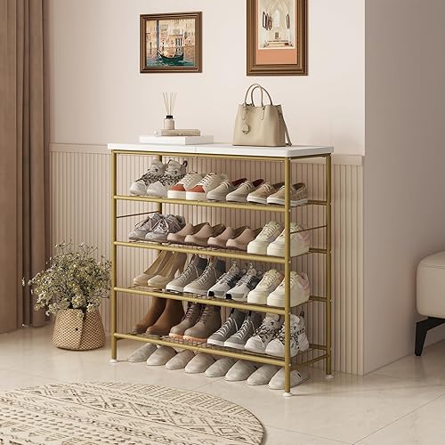 Miniatura 2 de SUOERNUO Zapatero organizador de 5 niveles para armario, entrada, estante de almacenamiento de metal con tablero superior de MDF, dorado