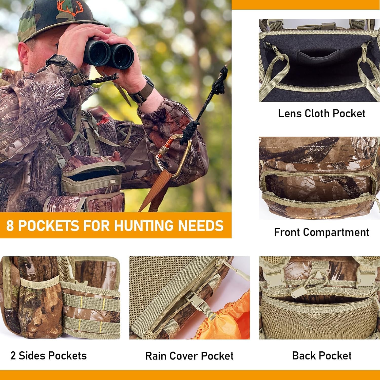 NewView Binocular Harness Chest Pack con tasca rimovibile, cinturino binario regolabile e parapioggia, ideale per caccia, escursioni e birdwatching, Quiet-M, Camo Quiet, m, Taschino