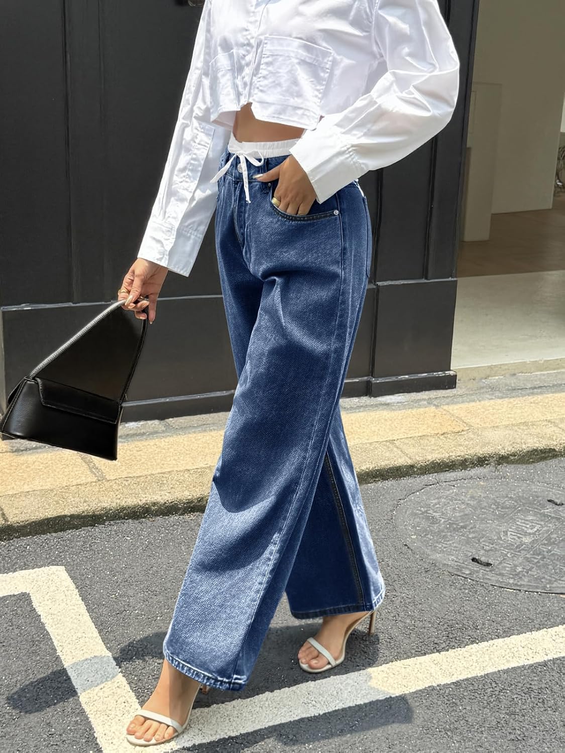 Cicy Bell Womens Wide Leg Jeans High Waisted Drawstring Color Block Patchwork Baggy Loose Y2K Denim Pants with Pockets - Image 3