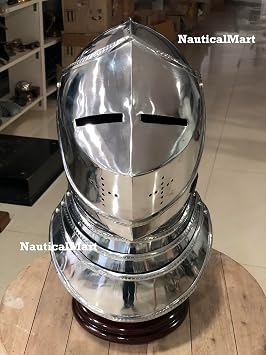 Medieval Closed Knight Armour Helmet European Full Face Cover Combat Bascinets Great Helms with Leather Liner Historical Reenactments Halloween Costume