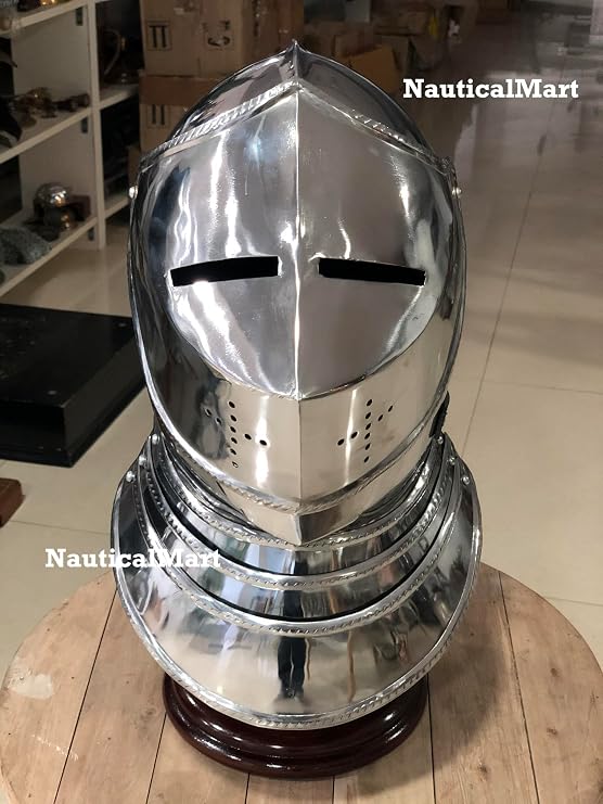 Medieval Closed Knight Armour Helmet European Full Face Cover Combat Bascinets Great Helms with Leather Liner Historical Reenactments Halloween Costume