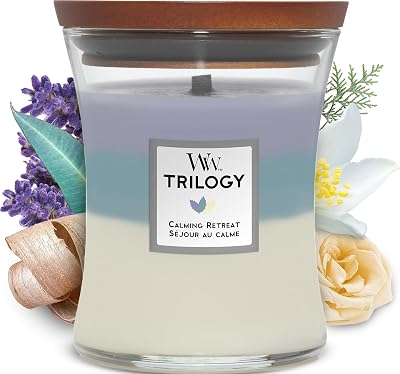 WoodWick Trilogy bougie jarre moyenne parfumée avec mèche PluswickSéjour au calme