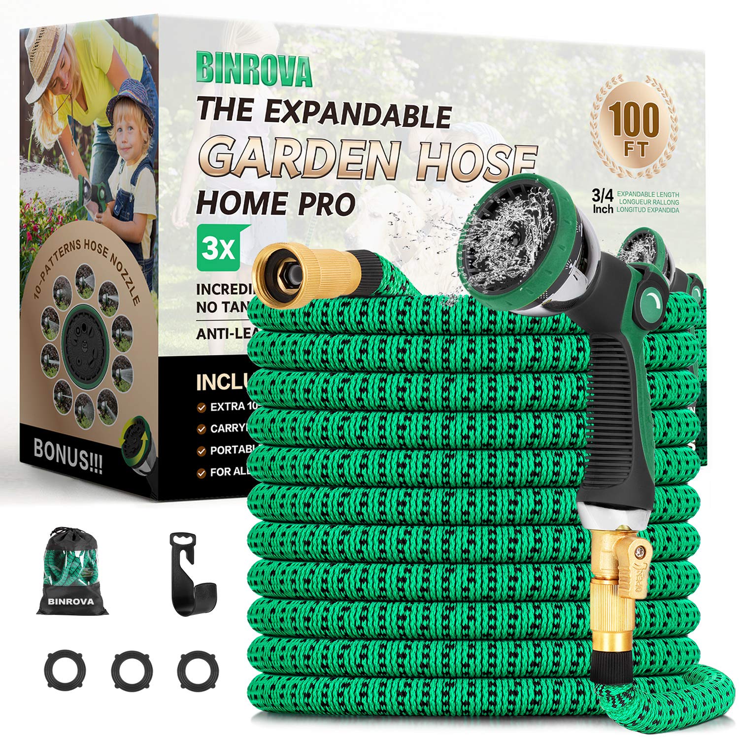 BINROVA Expandable Garden Hose 100ft-Water Hose with 10 Function Spray Nozzle-Durable 4-Layers Latex