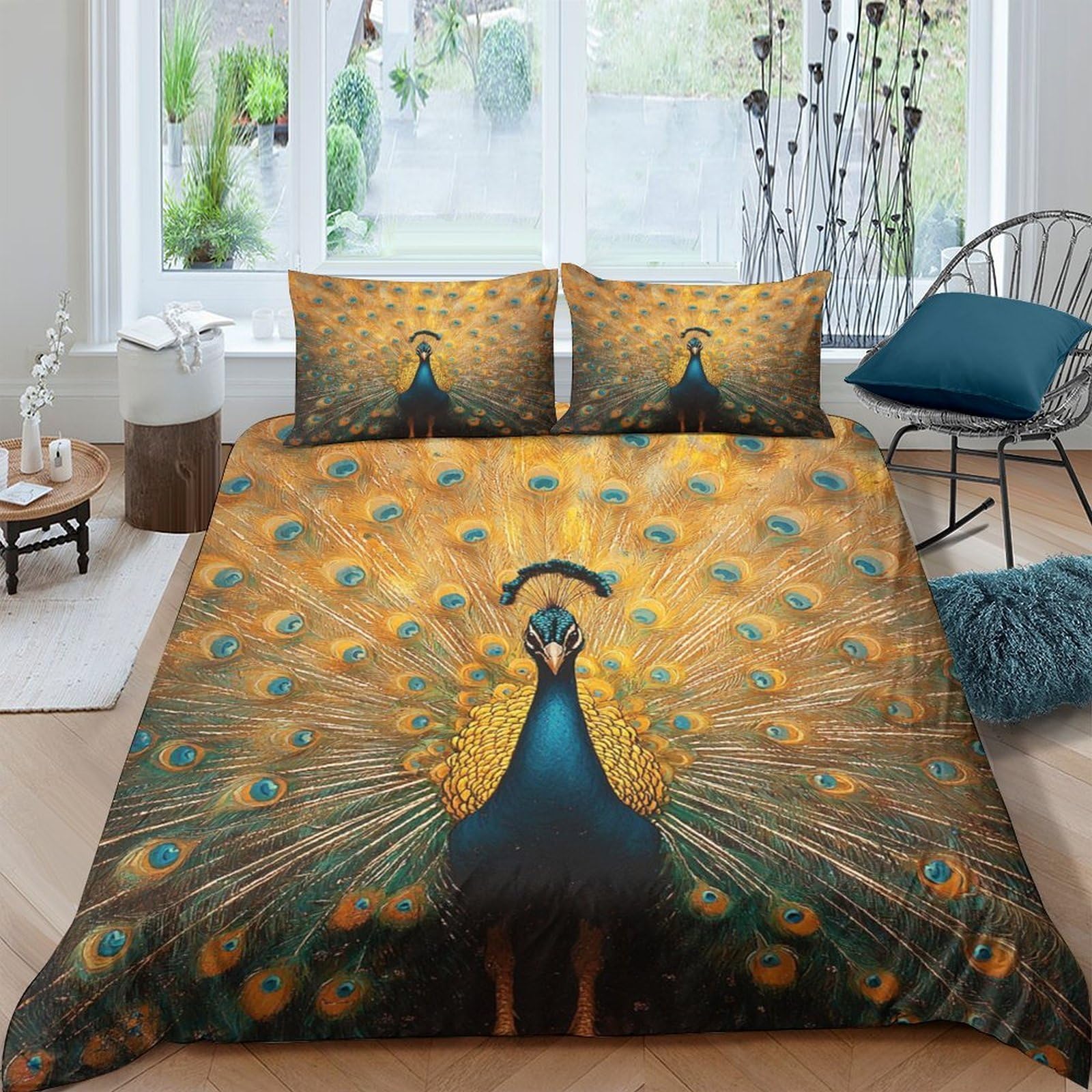 Ctjqhvkz Style-1 3D Printed Peacock Fitted Sheet Microfiber Gold Feather Bed Cover For Bedroom Guest Room Mattress Protection Decor Single（135X200cm）