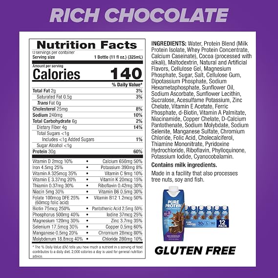 Pure Protein Chocolate and Vanilla Protein Shakes, 30g Protein, 11oz Bottles, 12 Pack Bundle