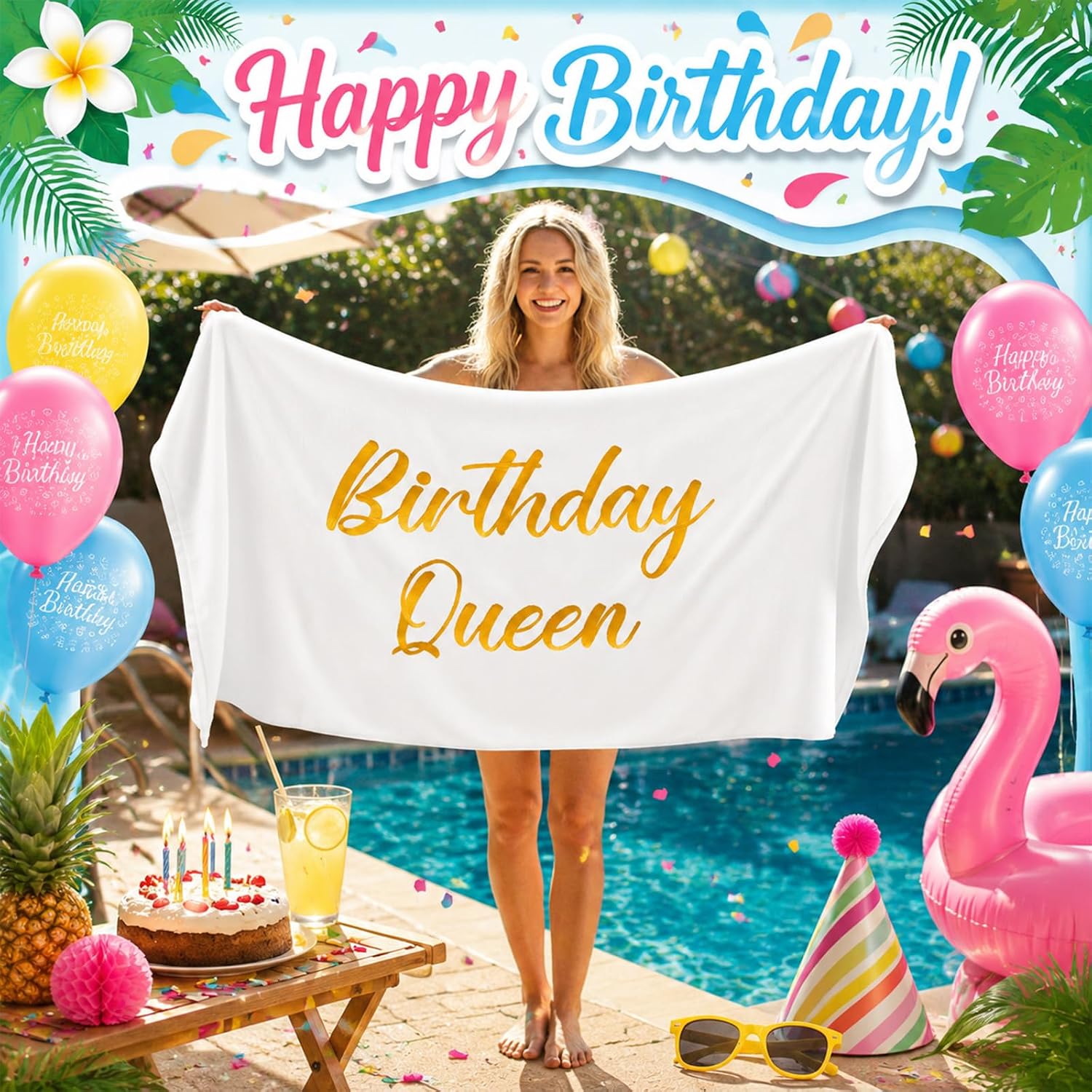 Peryiter Birthday Queen Beach Towel Embroidered Birthday Party Pool Bath Towel 100% Cotton 28 x 55 Inch Large Travel Blanket Soft Lightweight Beach Blanket for Women Summer Swimming Party Gifts