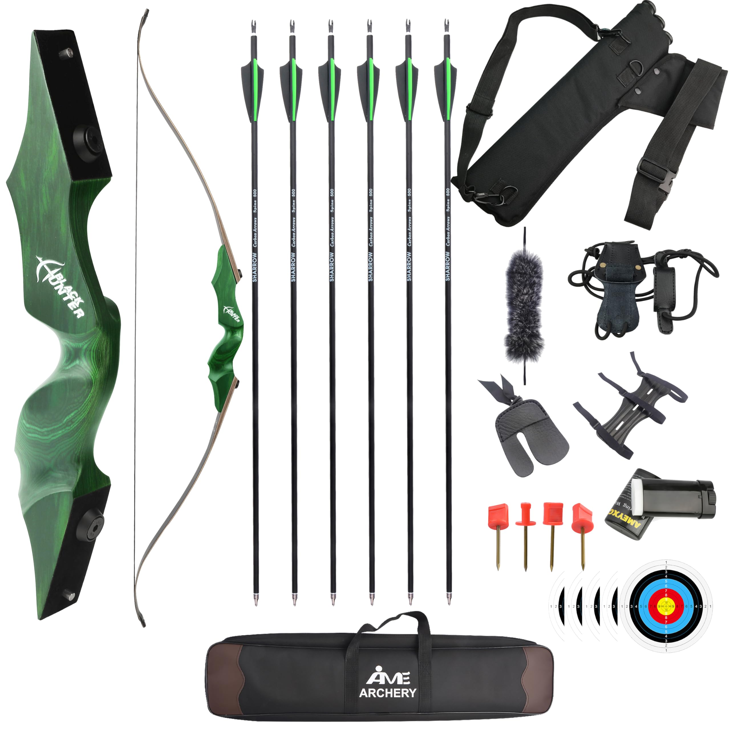 FQH 60'' Archery Recurve Bow Set Takedown American Hunting Long Bow 20-60 lbs for Adults and Beginners Hunter Target Arrow Practice Outdoor Hunting Shooting Training (Green, 40 LBS)