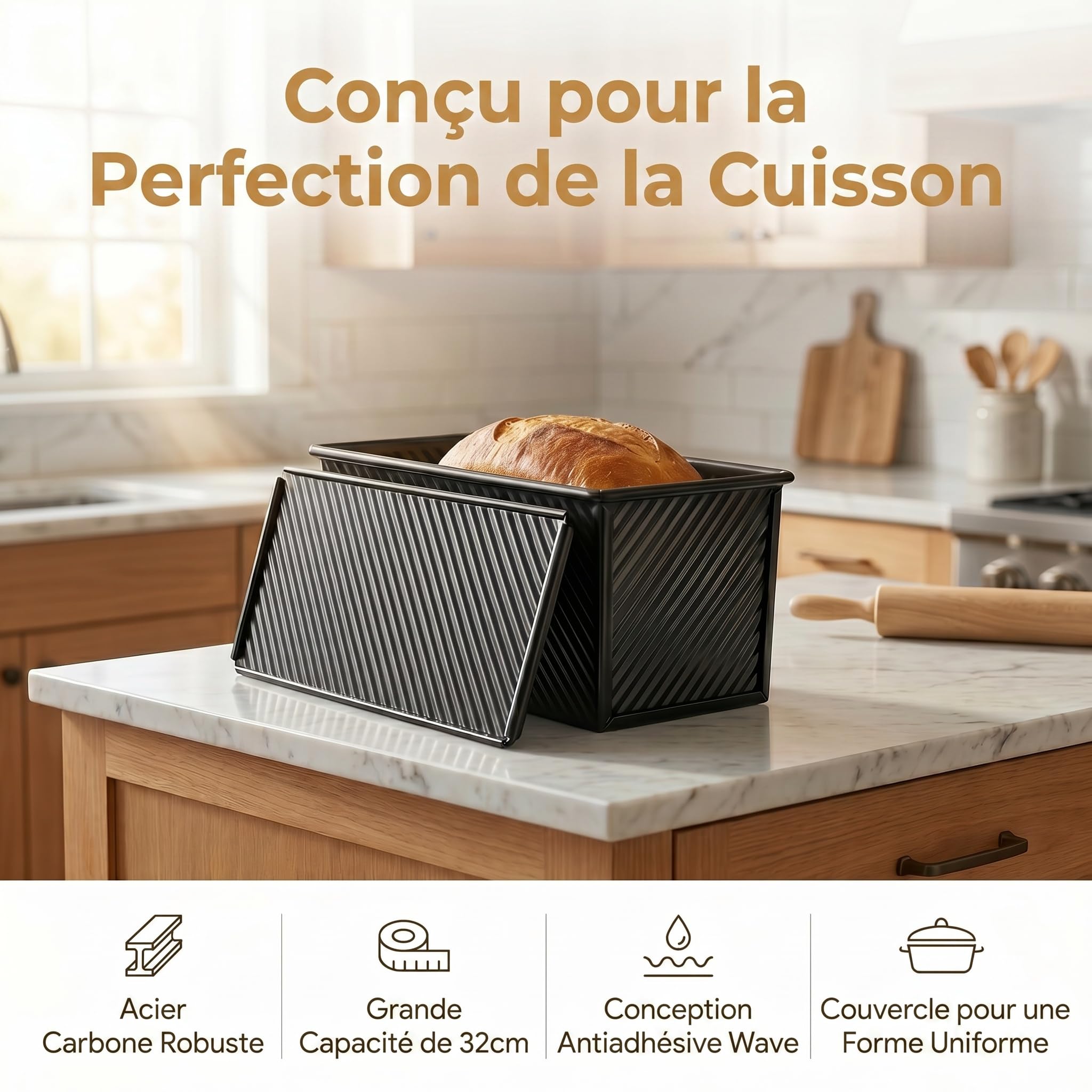 Lot de 2 1000+ 450g Moule Pain de Mie, Moule a Pain de Mie avec Couvercle, Acier au Carbone, Répartition Uniforme de la Chaleur, Idéal pour le pain de Mie et la Boulangerie Maison, Noir