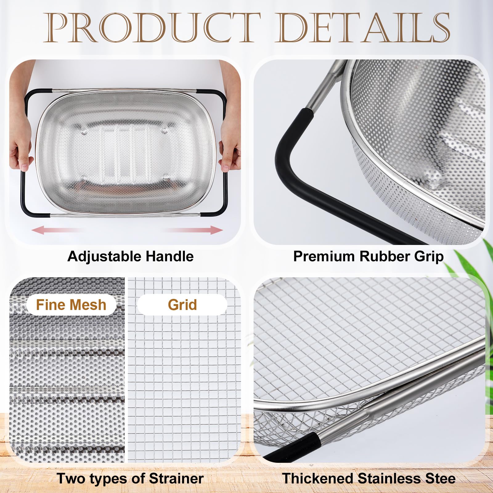 Colador grande para colocar sobre el fregadero, colador de acero inoxidable de 6 cuartos de galón con malla fina o rejilla, cesta coladora con asas de goma expandibles, colador, drenaje 5