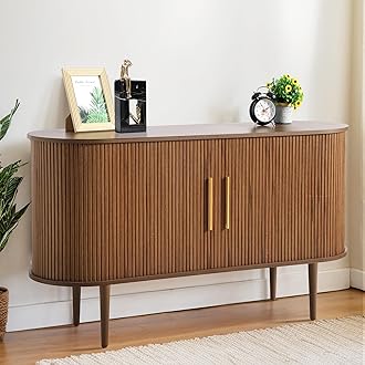 Grepatio 55" Sideboard Buffet Cabinet with Fluted Slide Doors, Tambour Storage Cabinet with Shelves, Modern Credenza Sideboard Buffet Console Cabinets for Living Room Hallway Entryway (Brown)