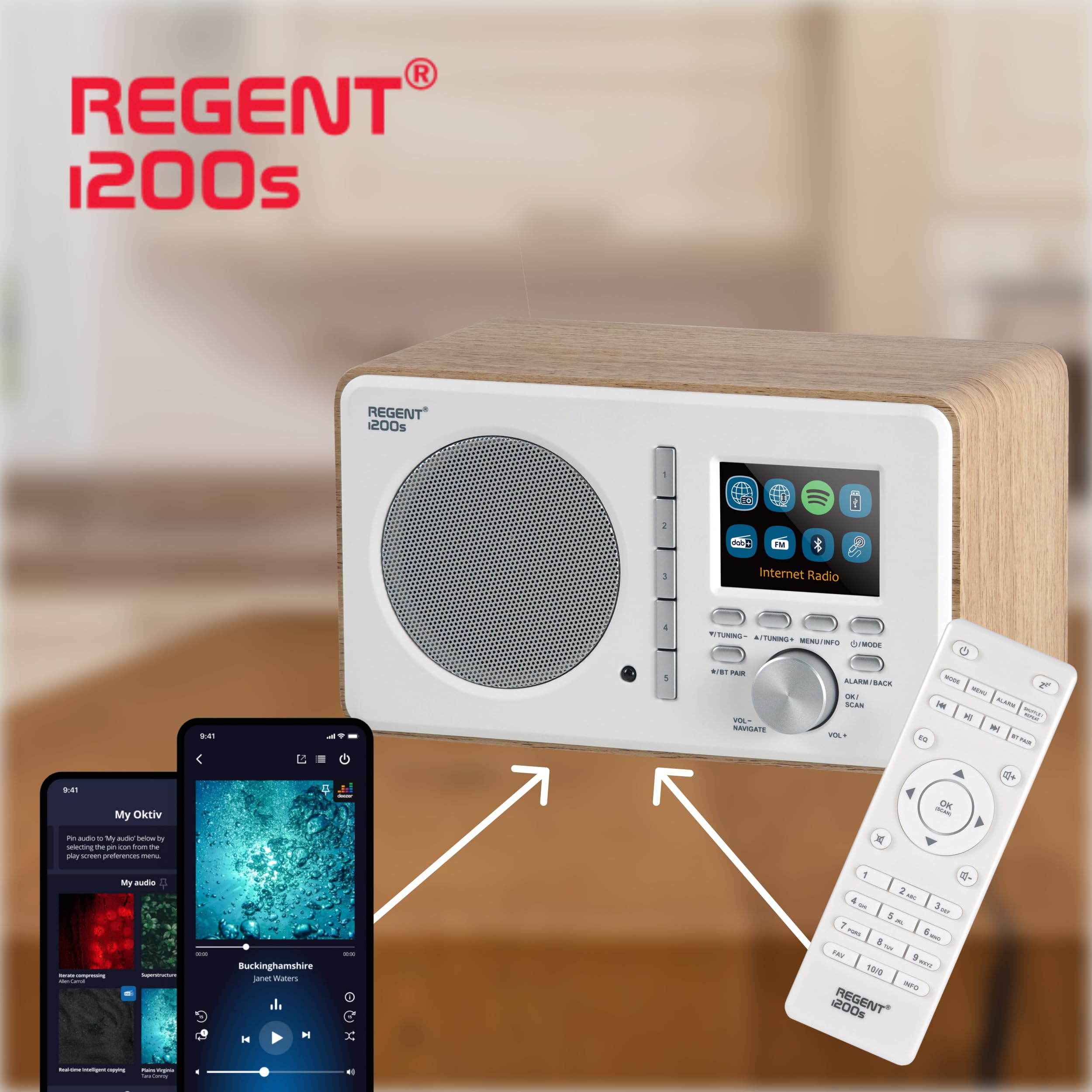 Ferguson Regent i200s Radio Internet Wi-Fi avec Bluetooth, radio FM/DAB/DAB+ FM, Spotify Connect, radio-réveil, égaliseur, écran couleur, USB, AUX-IN, mise en veille, contrôle par application