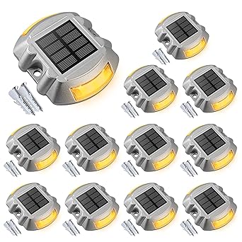 Solar Deck Lights Driveway Dock Lights, VOLISUN 12-Pack Led Wireless IP67 Waterproof Outdoor Warning Step Lights for Driveway Sidewalk Garden Pathway Yard(Warm White)