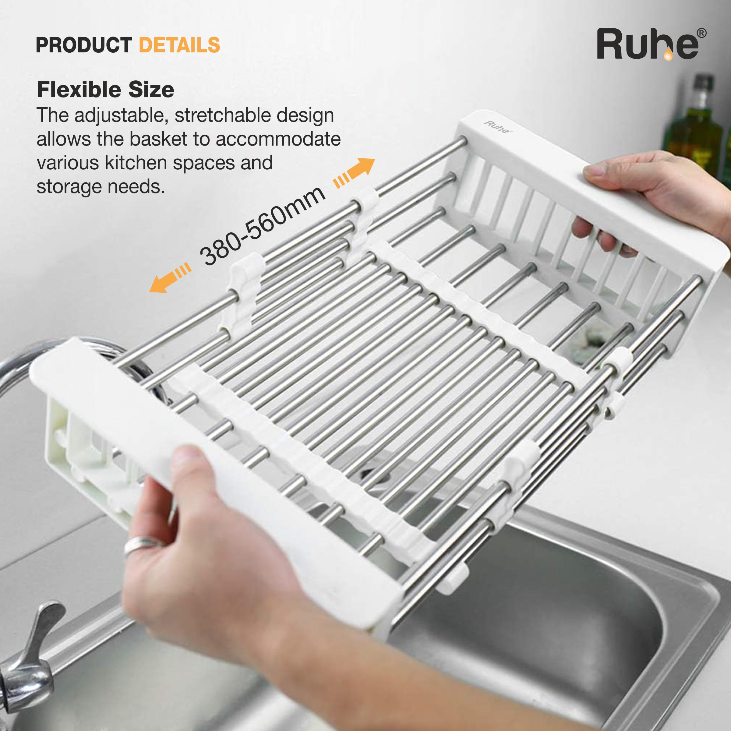 Ruhe® Adjustable Vegetable Drainer Basket | Premium Stainless Steel | Fruits Washing Basket | Adjustable Dish Drainer | Over Sink Strainer | Expandable Up to 50 cm 2