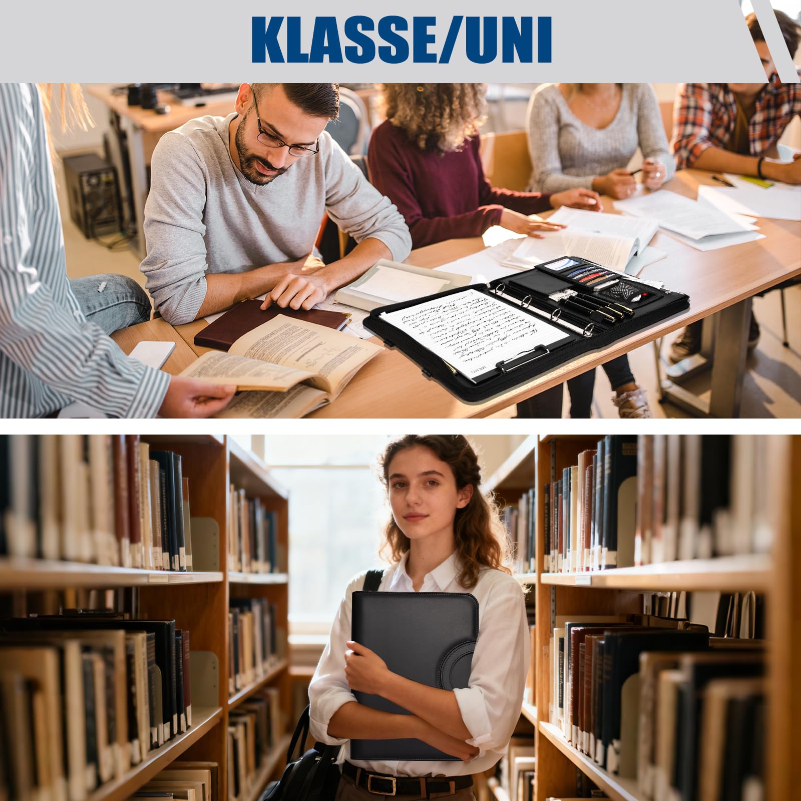 Schreibmappe A4 mit 5er Register, Konferenzmappe mit 4 Ringbuch Reißverschluss Griff Klemmbrett Notizblock Stift, Dokumentenmappe Aktenmappe Ordner für Büro Business Uni Schule Schwarz