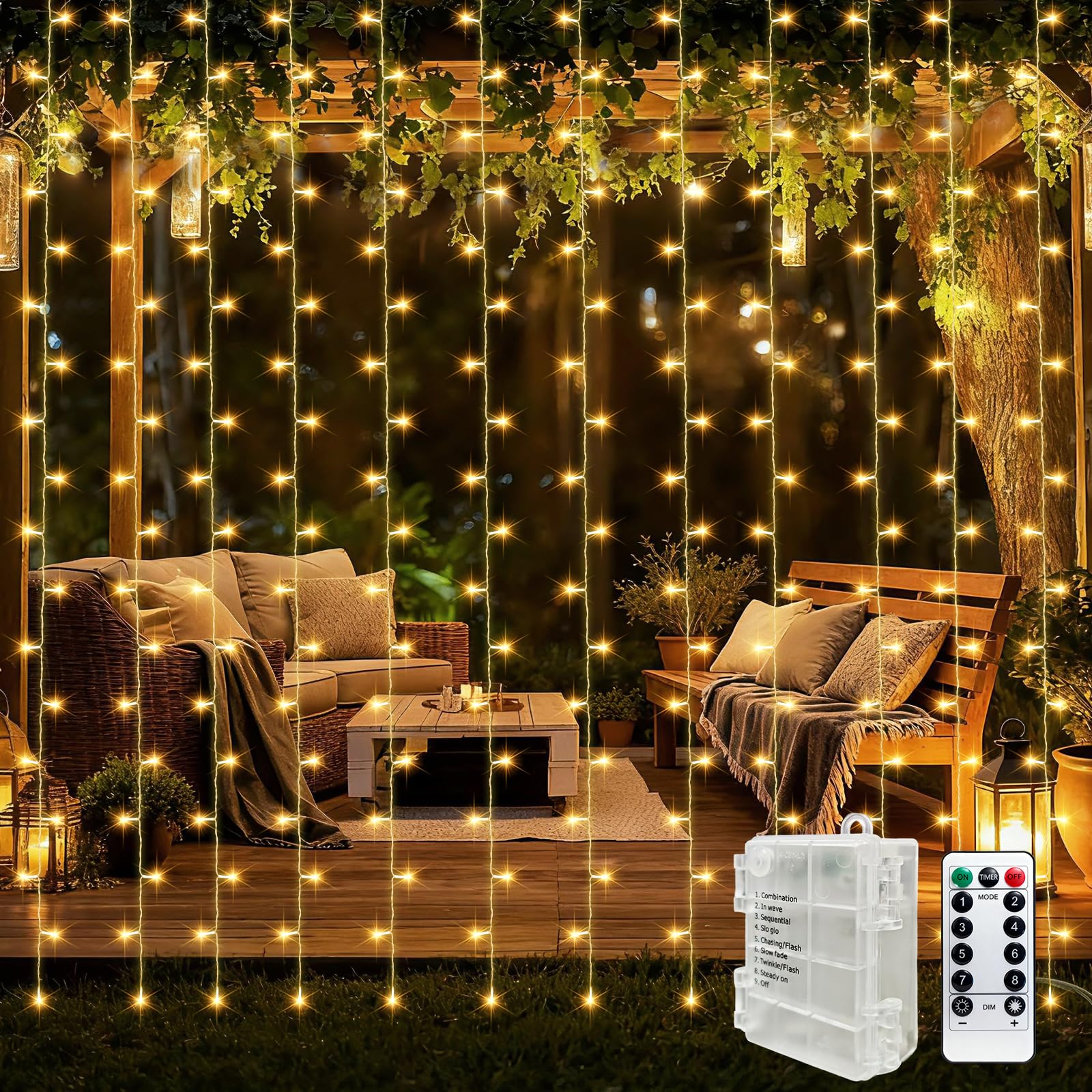 Rideau lumineux de 3 x 3 m - 300 LED - 8 modes - Avec minuterie et télécommande - Étanche - Pour fenêtre intérieure et extérieure - Blanc chaud
