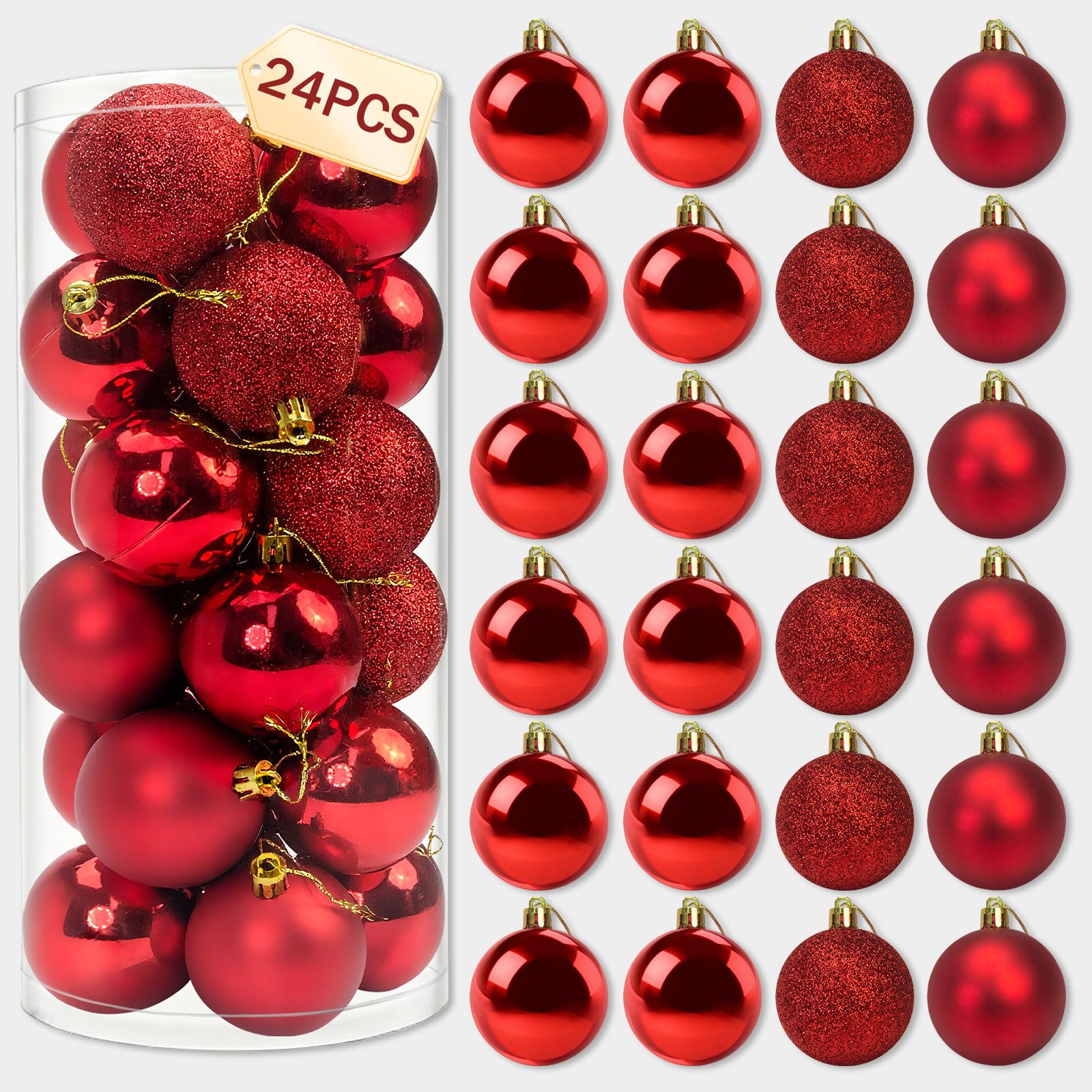 Napzy 24 Count Red Ornaments, Christmas Ball Set, Tree Decor Bulbs for Xmas
