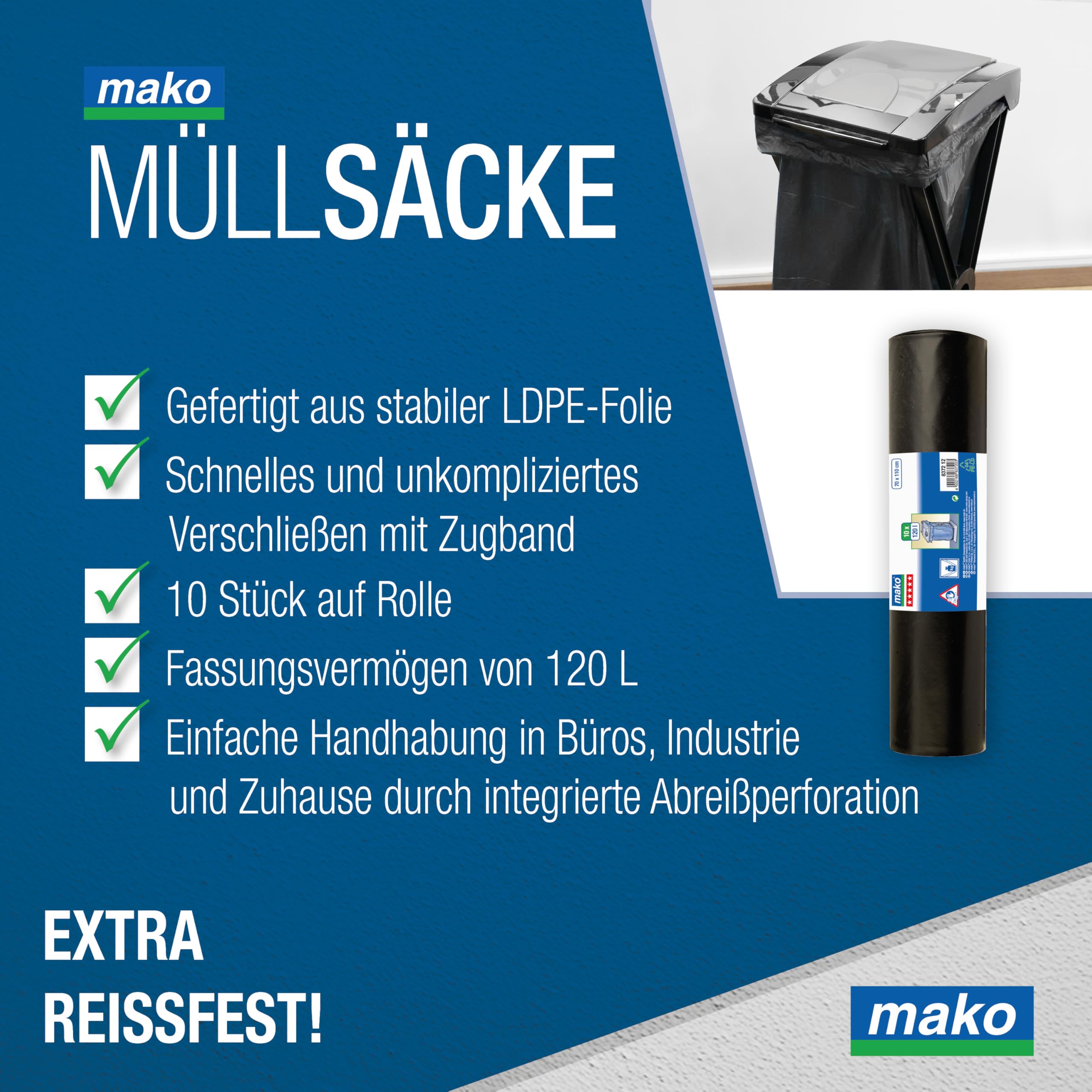 mako Müllsäcke 120 l, 100x 70 cm - 100% recycelt, reißfest