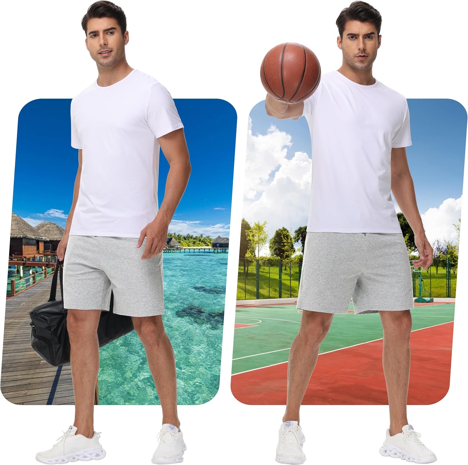 JWM Men's 7" Cotton Sweat Shorts White Grey - Image 4