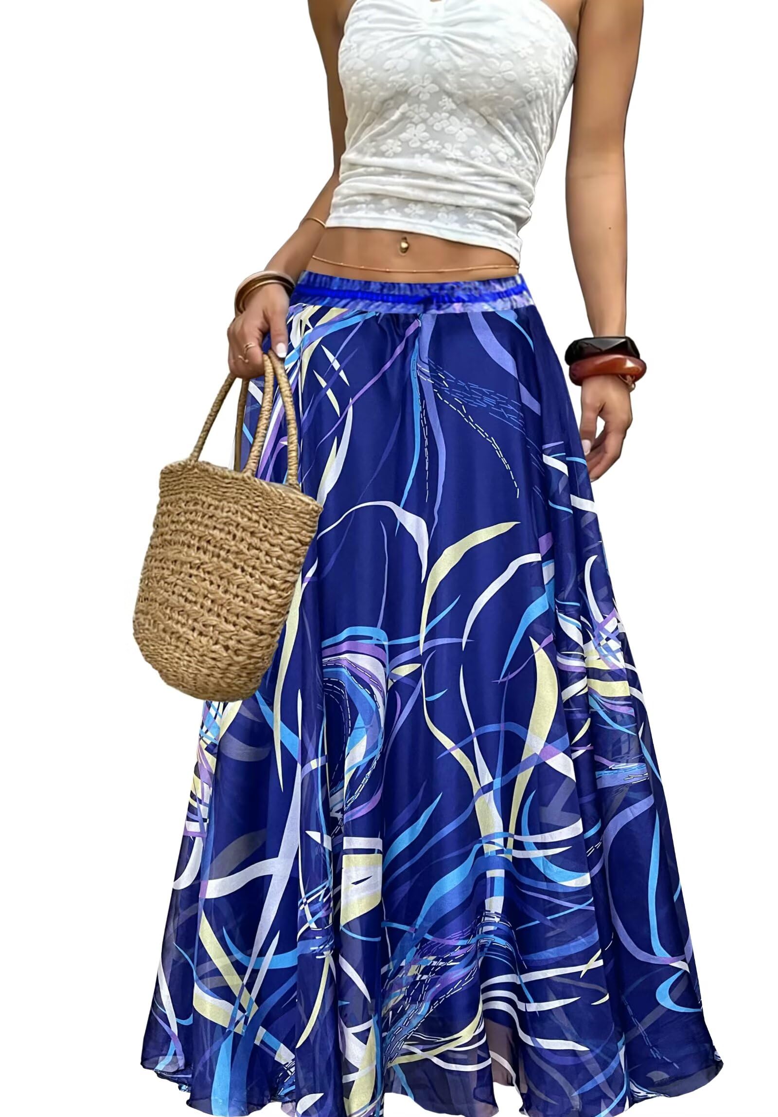 Sinono Women's Floral Maxi Chiffon Long Skirts Full Length Beach Skirt
