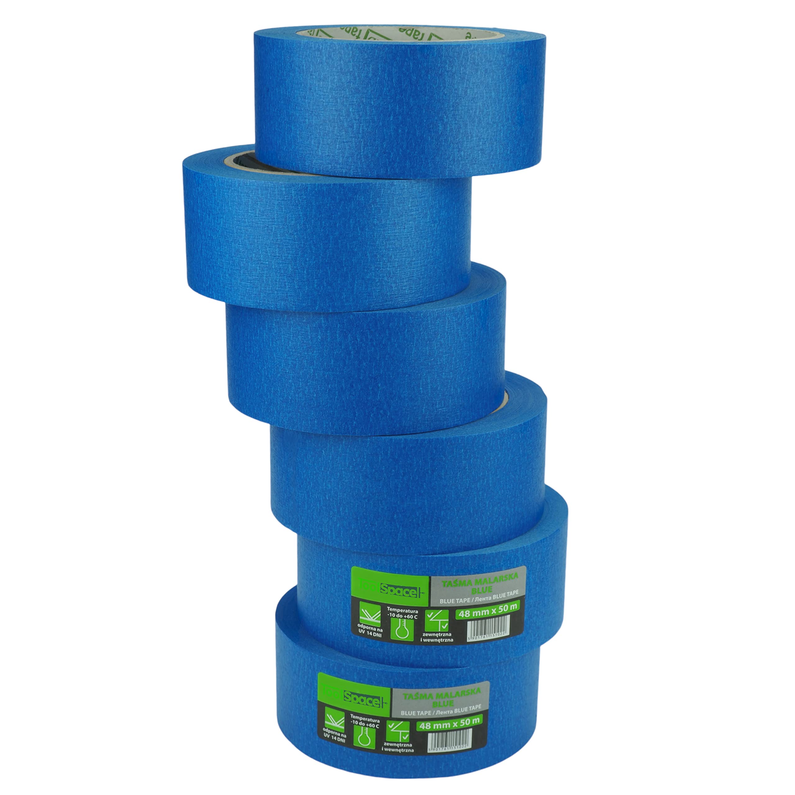 ToolSpace 6x Cinta de papel enmascarar azul para pintar paredes y techos - Perfecto para trabajos de renovación - Pegamento cinta Sin disolventes - Papel celo sin fugas con dimensiones 48mm/ 50m 300m
