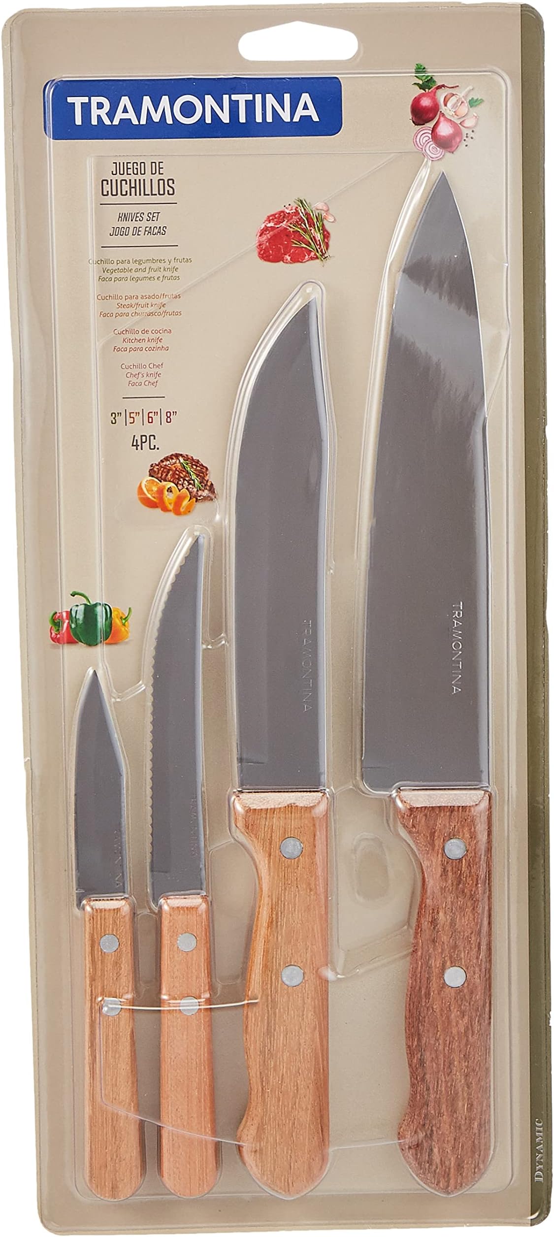 Tramontina Dynamic 4 Pieces Knife Set with Stainless Steel Blade and Natural Wood Handle