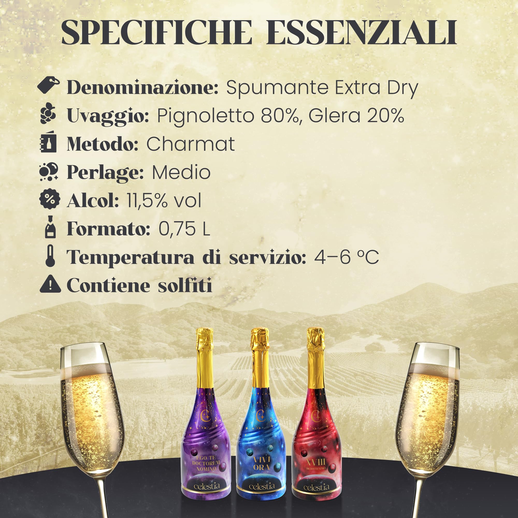 VIVI ORA Vino Spumante Extra Dry 0,75L – Metodo Charmat | Unica per originalità pensiero e lavorazione | 11,5% vol | Ideale per Brindisi, Lauree, Battesimi | Servizio 4–6°C